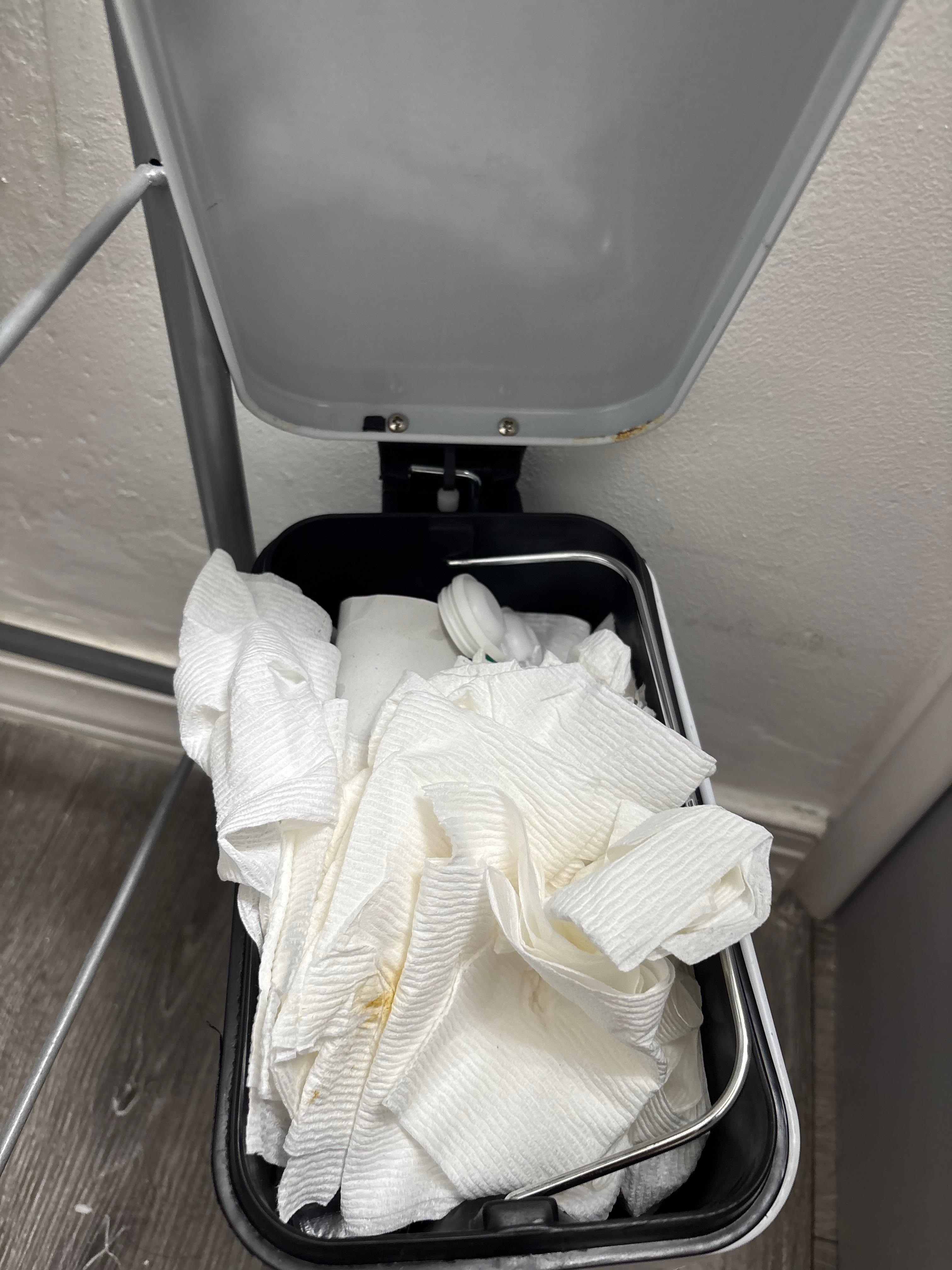 Bathroom trash can when we arrived. Kitchen trash can also full.