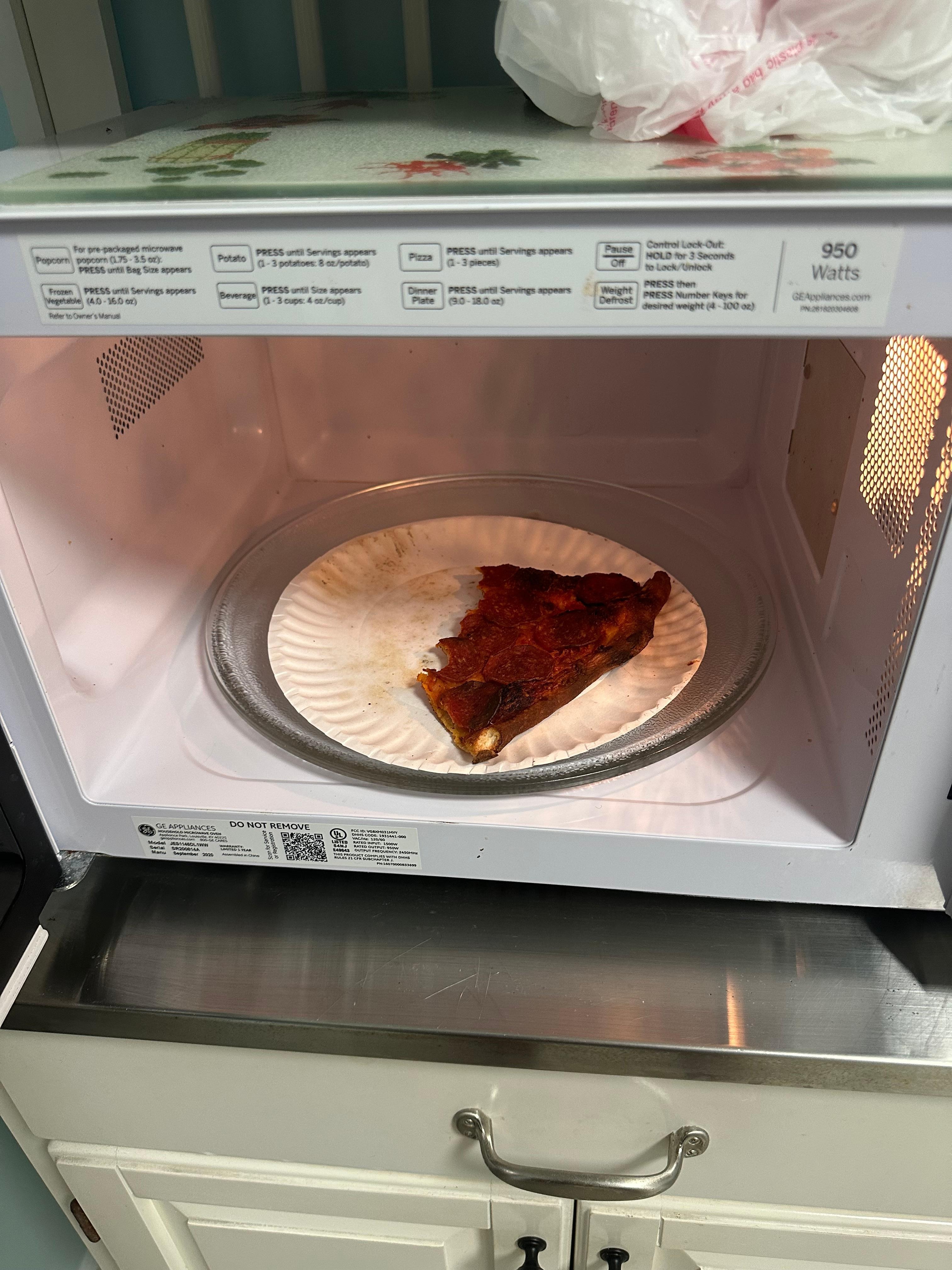 Old partially eaten slice of Pepperoni Pizza we found in the Microwave oven. 
