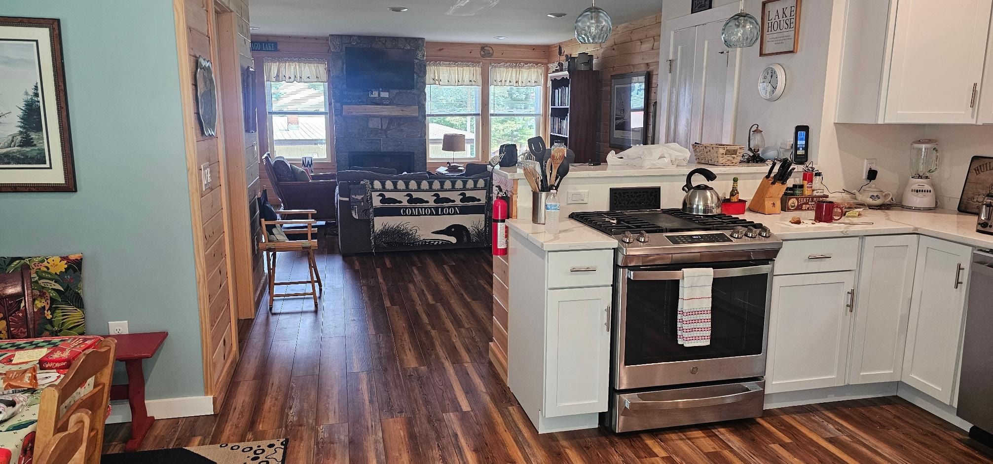 Kitchen and living room.