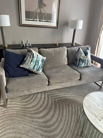 This is what the furniture in the living room really looks like. Grey stained polyester