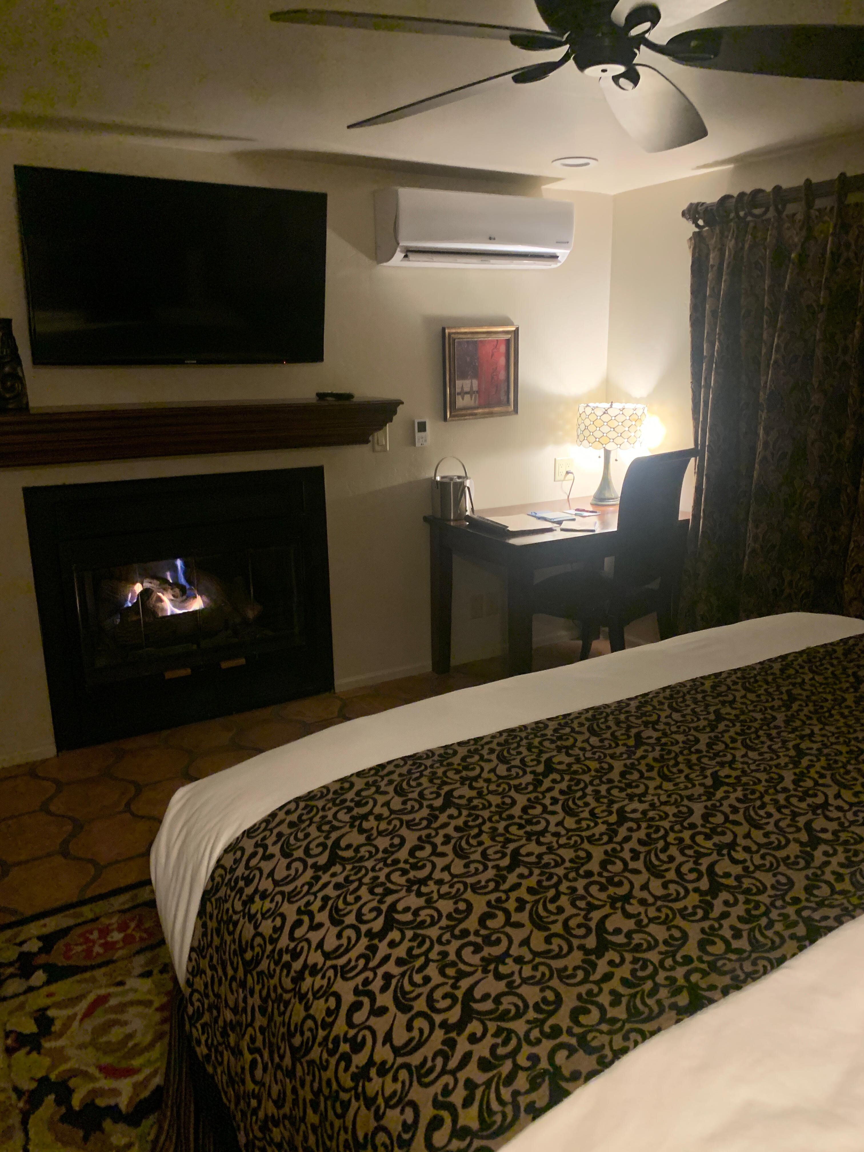 Cozy fire and comfy bed.