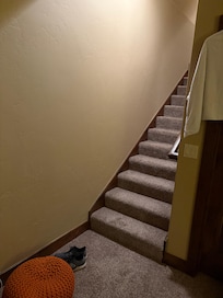 stairs to basement. No door for privacy at top or bottom of stairs!