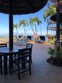 Seating at the smaller pool