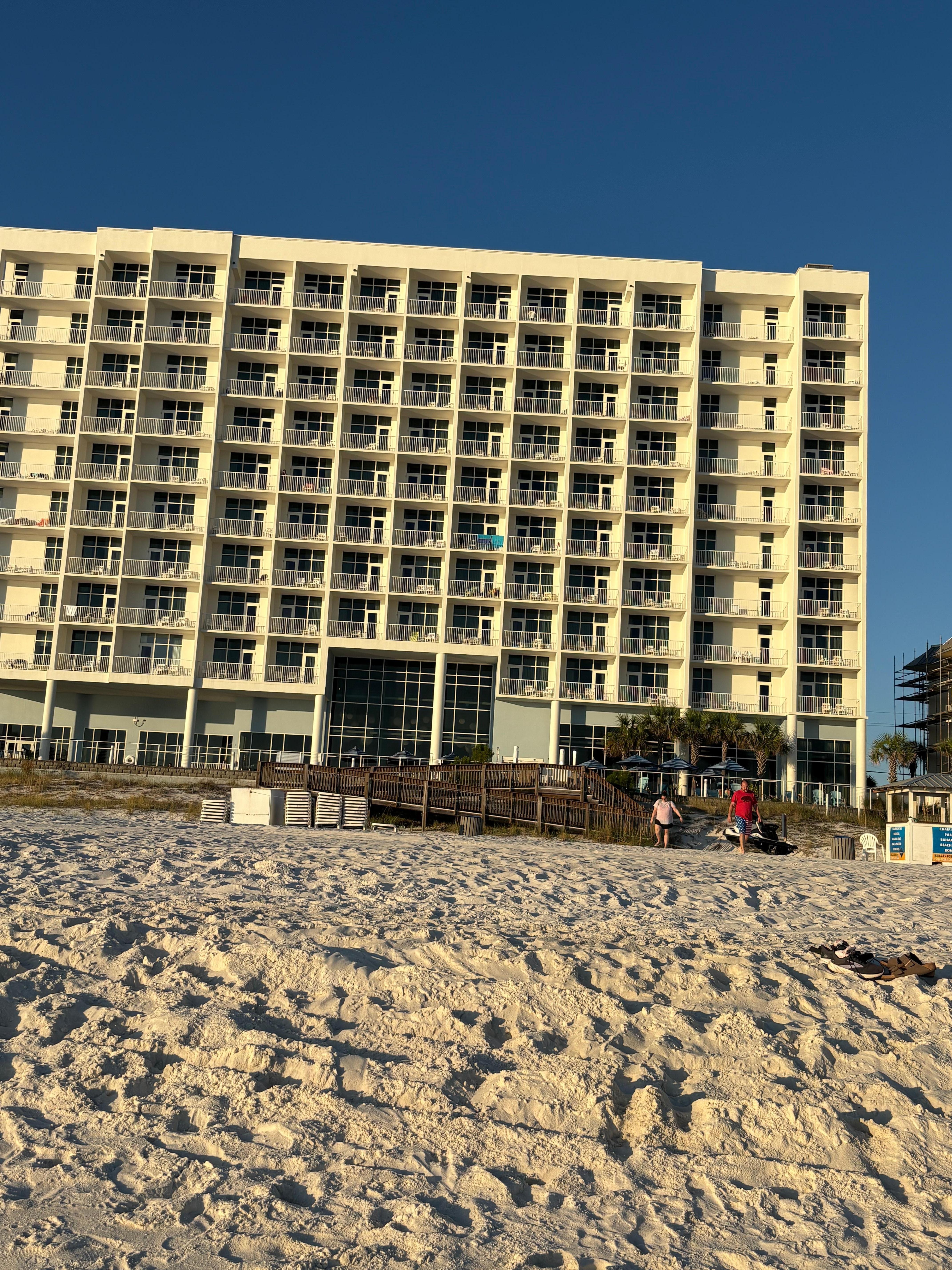 View of back of hotel from the beach.