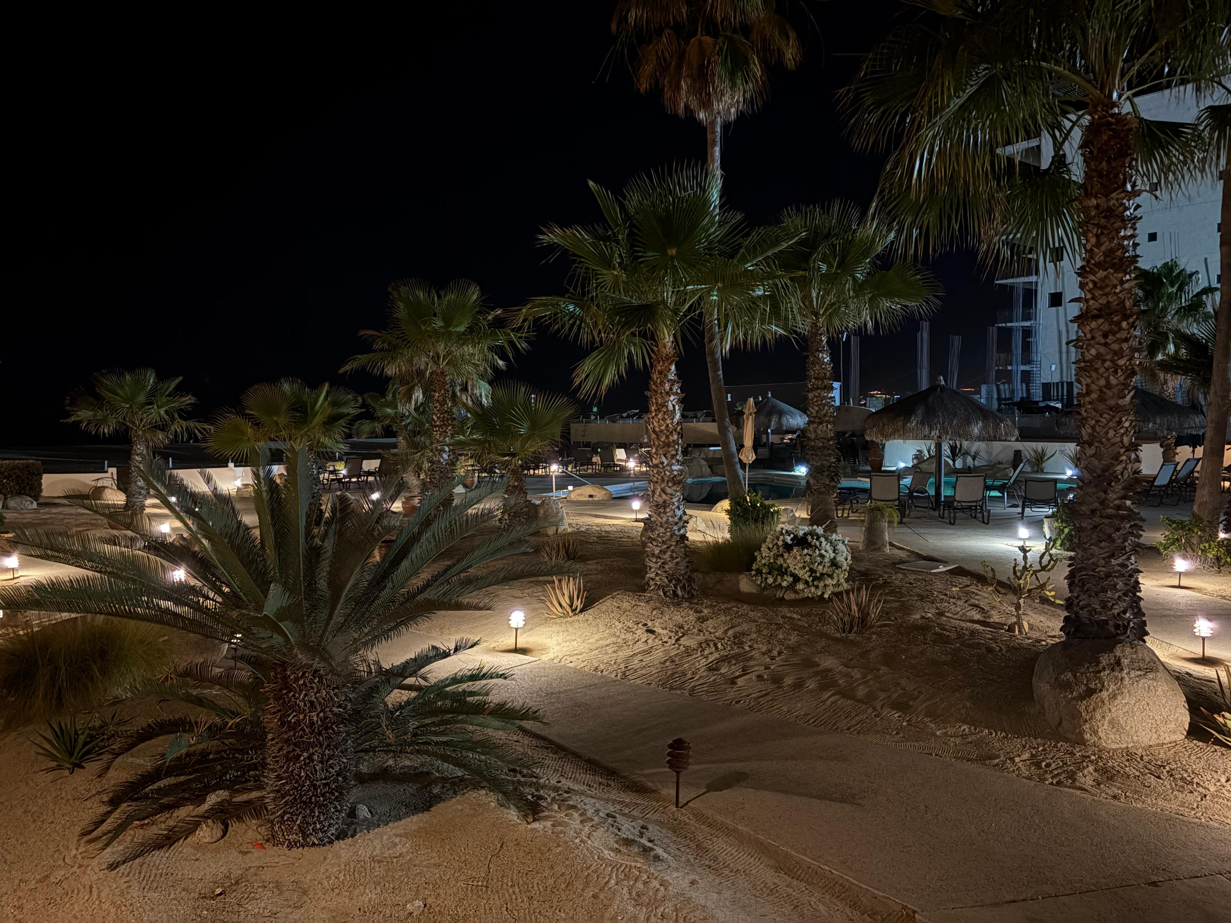 Night lights on the pool deck. 