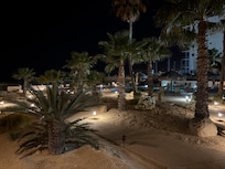 Night lights on the pool deck.