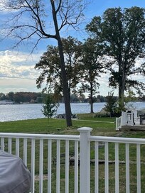 Resting with my coffee. Enjoying the blue sky and sun dancing on the water!