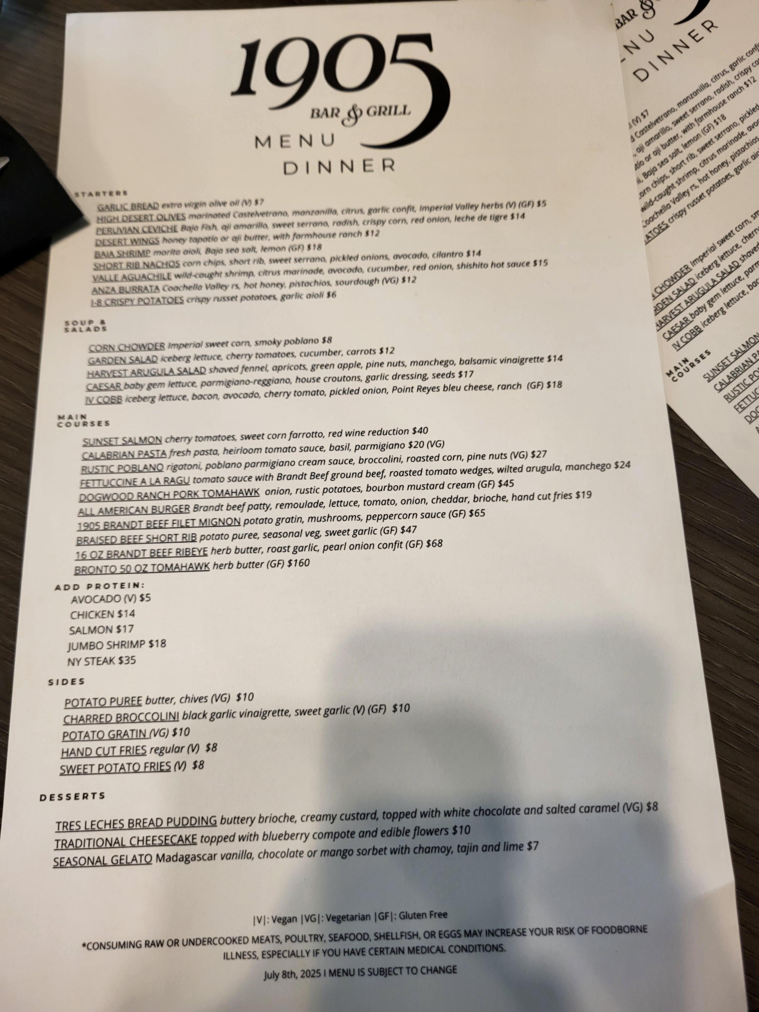 Pricey dinner menu
