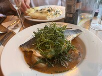 Sea bass with samphire and lobster bisque sauce
