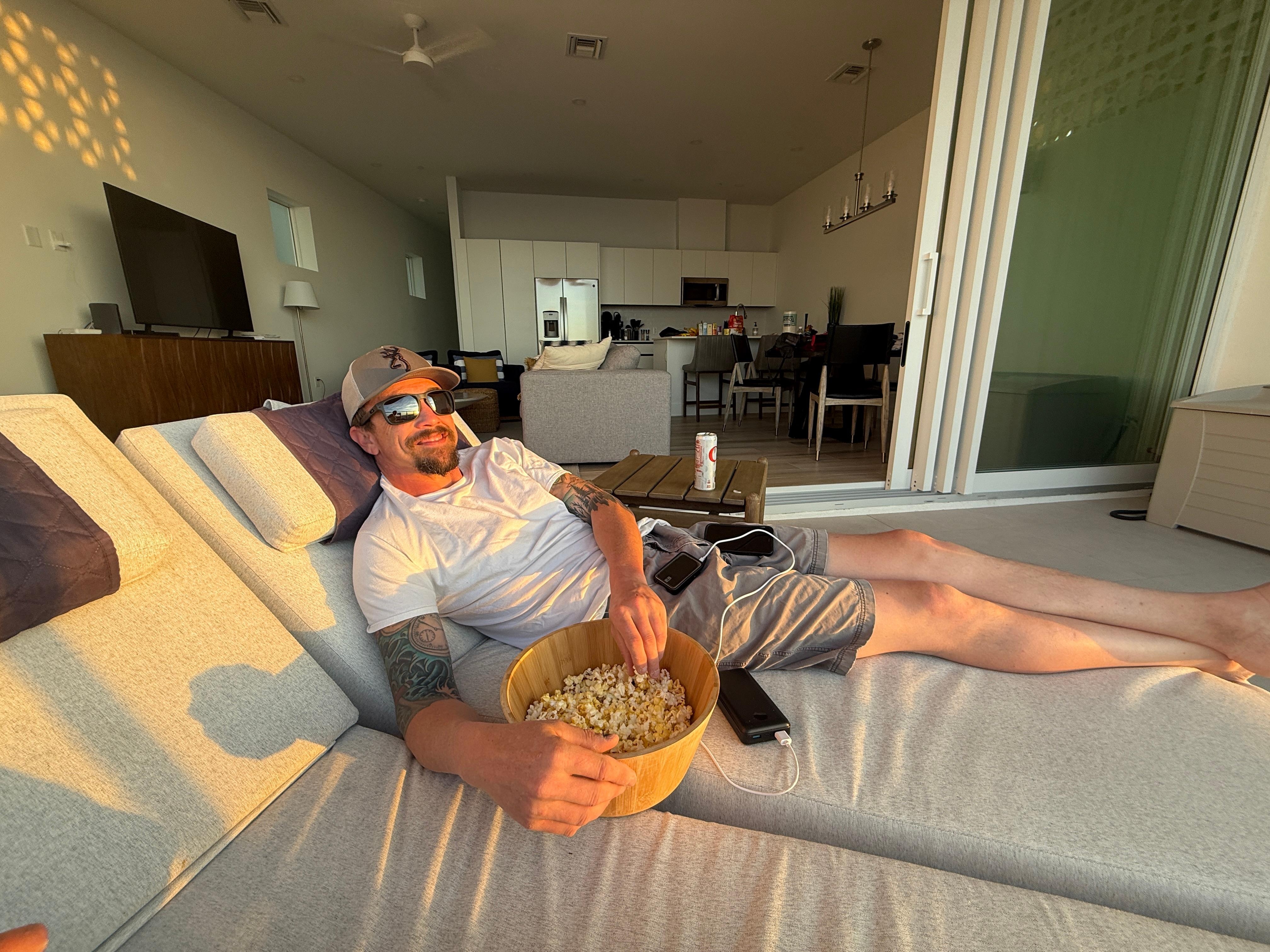 Nightly sunset ritual - bowl of popcorn and chilling on the lounge!