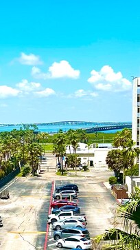 Looking out over the parking lot and bay.