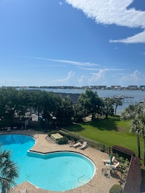View of the pool from the balcony