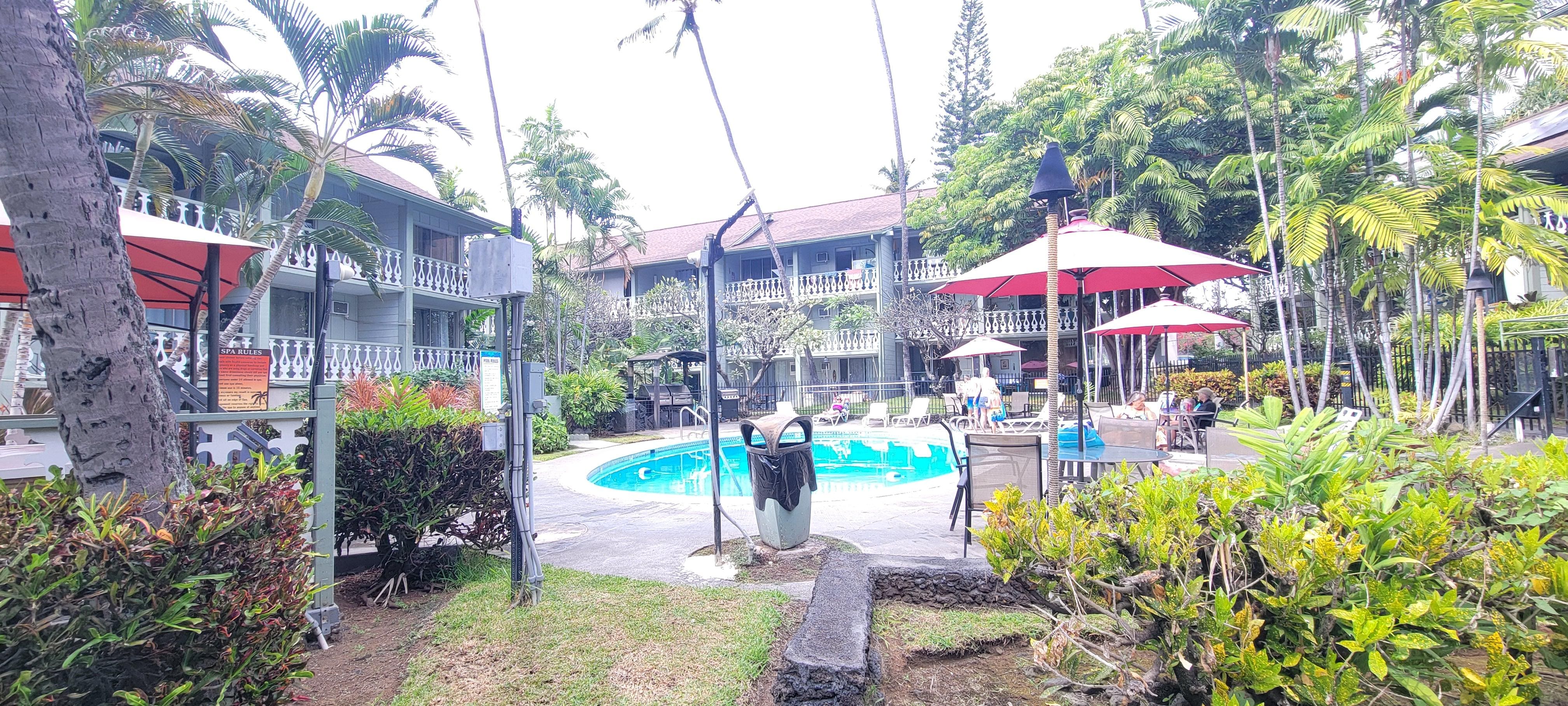 Pool is cosy, but very pleasant with nice BBQ area.