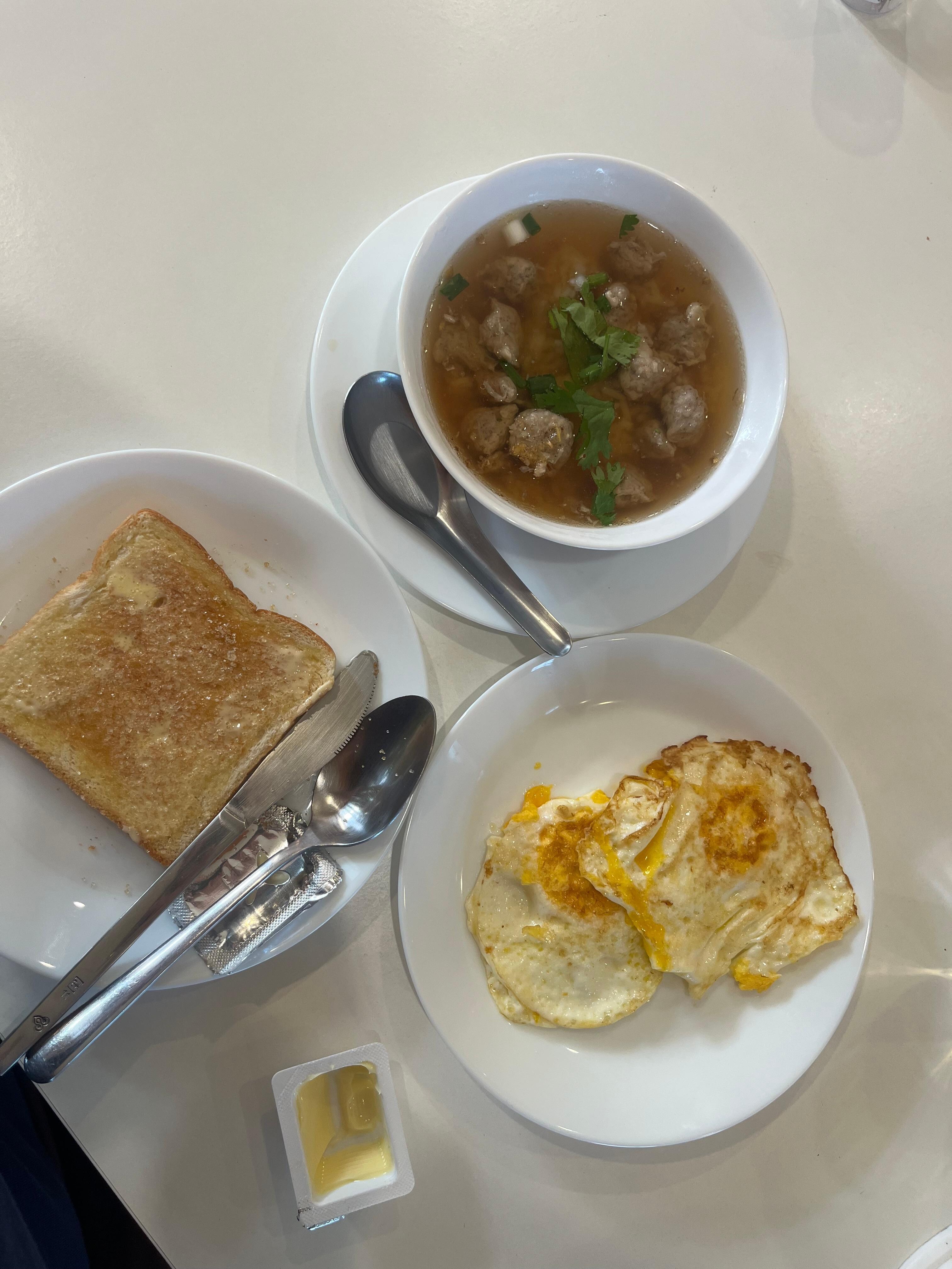 Fresh eggs, soup, rice, and pork meatballs with delicious toast w/ sunflower butter!!