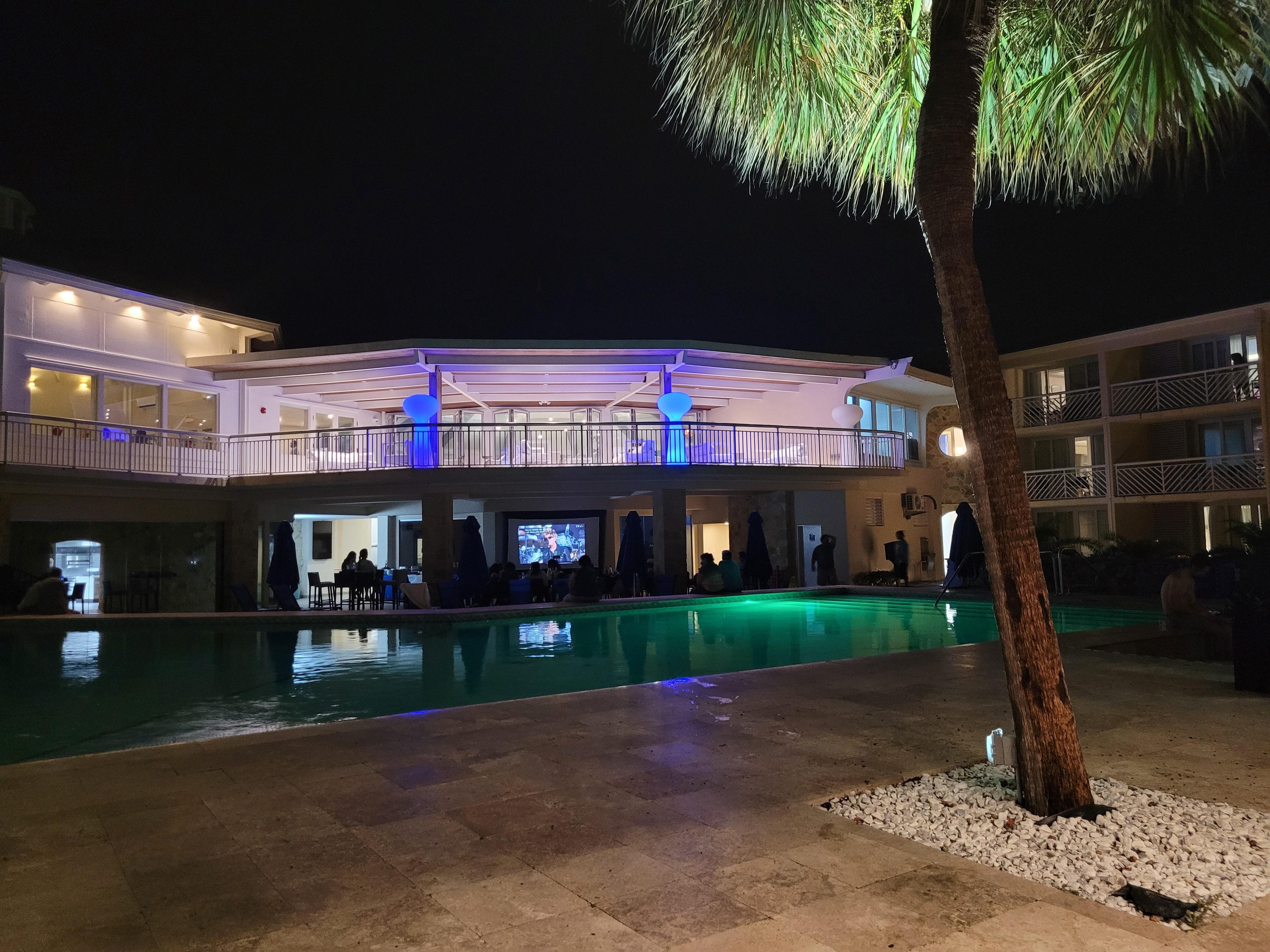 View of pool from bar evening of superbowl.