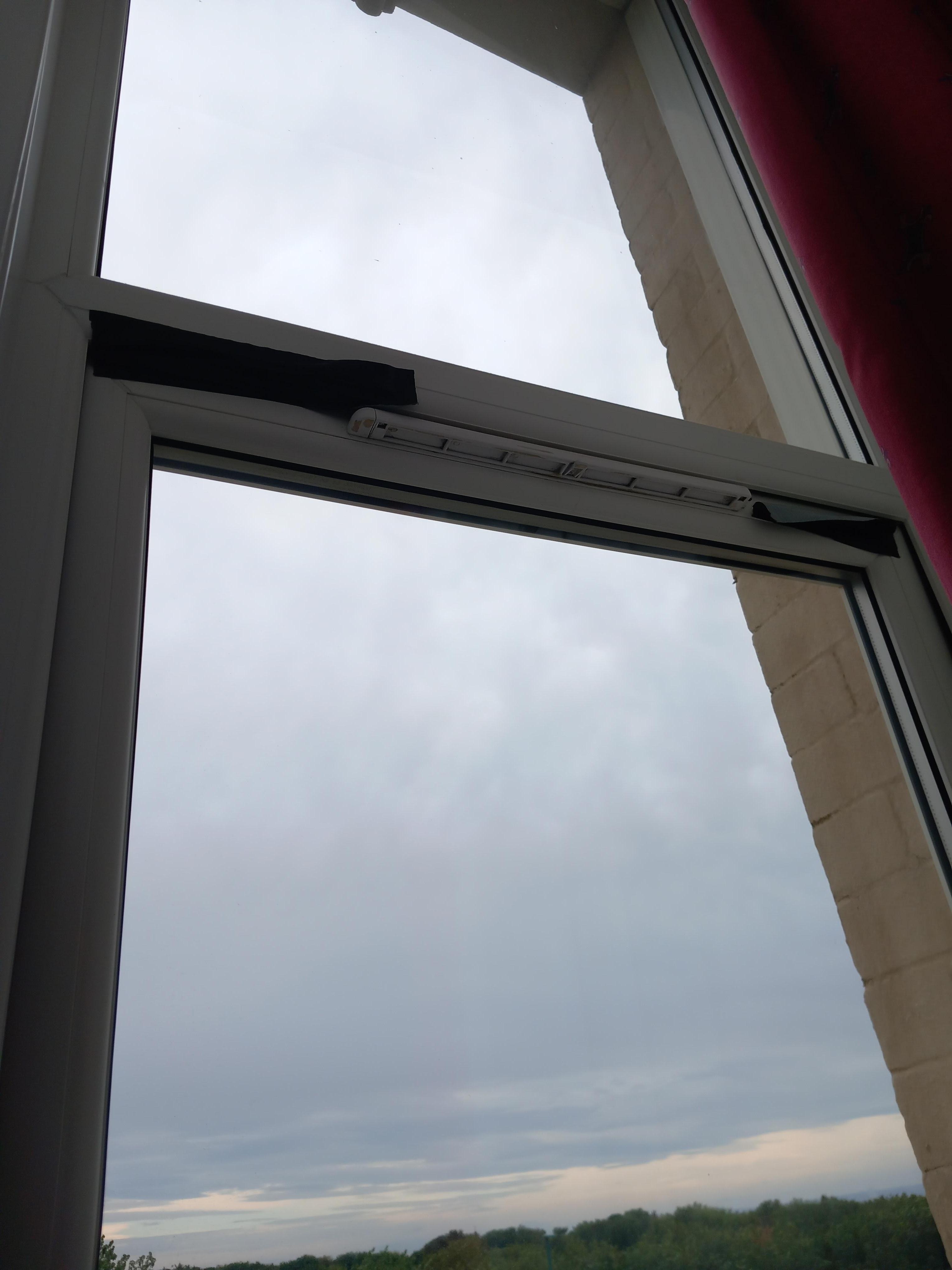 window taped up at top and wouldnt shut properly.heavy winds 2 nights howled like a banshee through gap and kept us awake.
