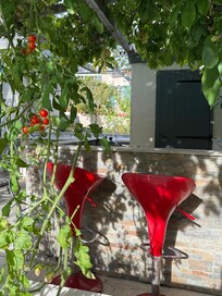 Seating area with gorgeous ripe tomatoes to pick!