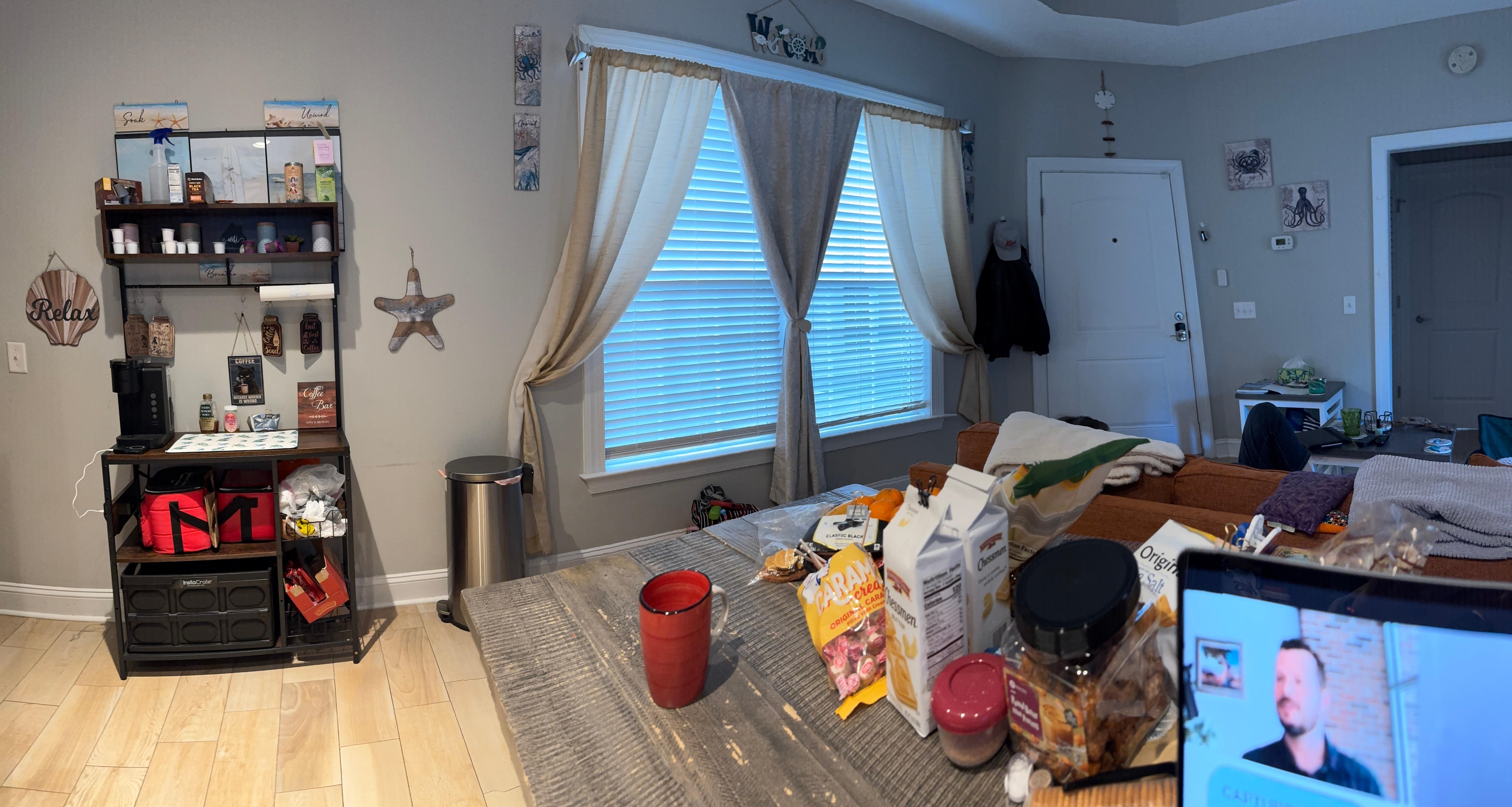 View from raised kitchen table to coffee service. 