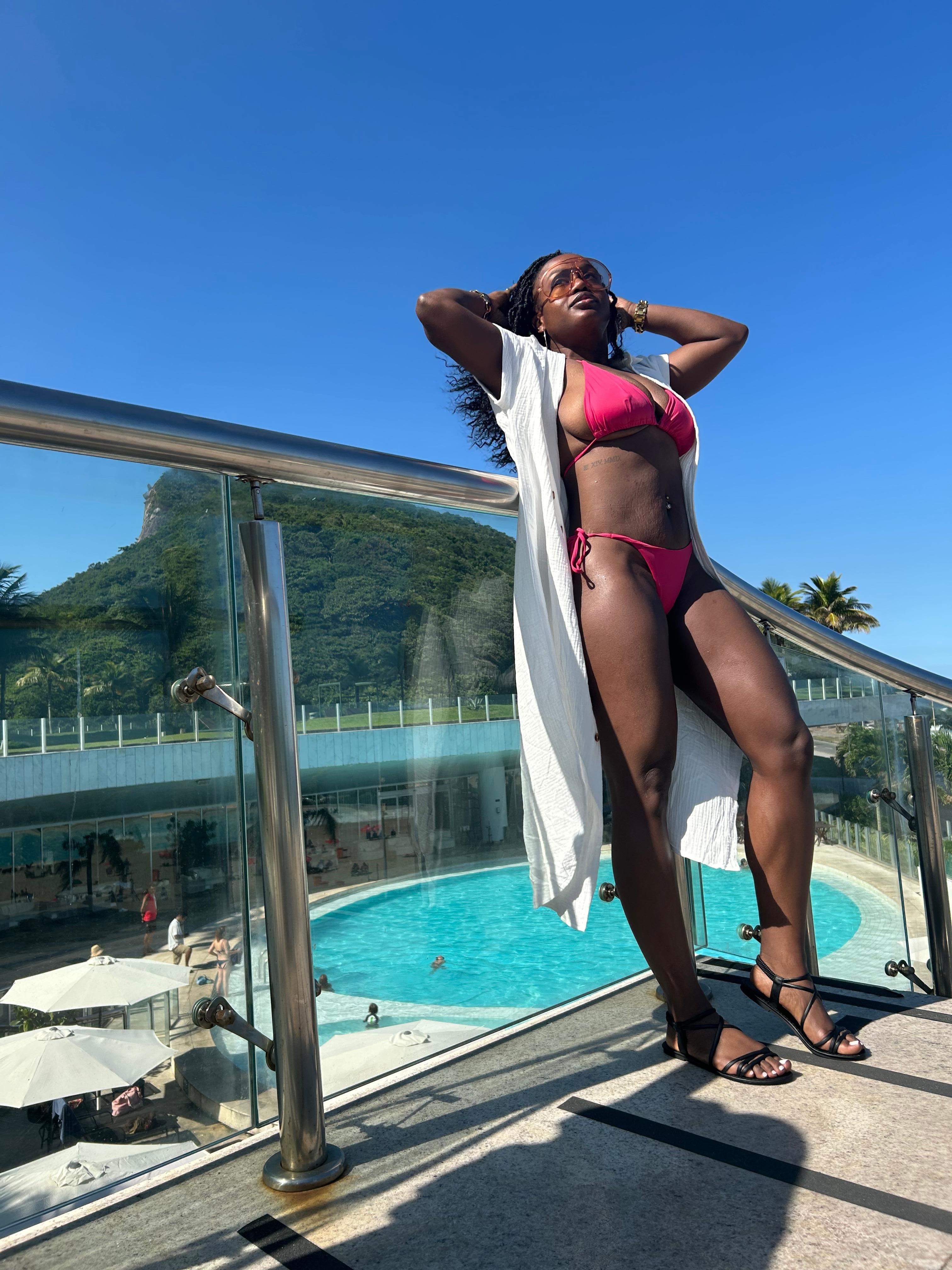 Outside the pool on the spiral staircase
