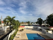 Pool in the rear of hotel. The hotel needs better signage in the front and in the back, very confusing layout and parking!