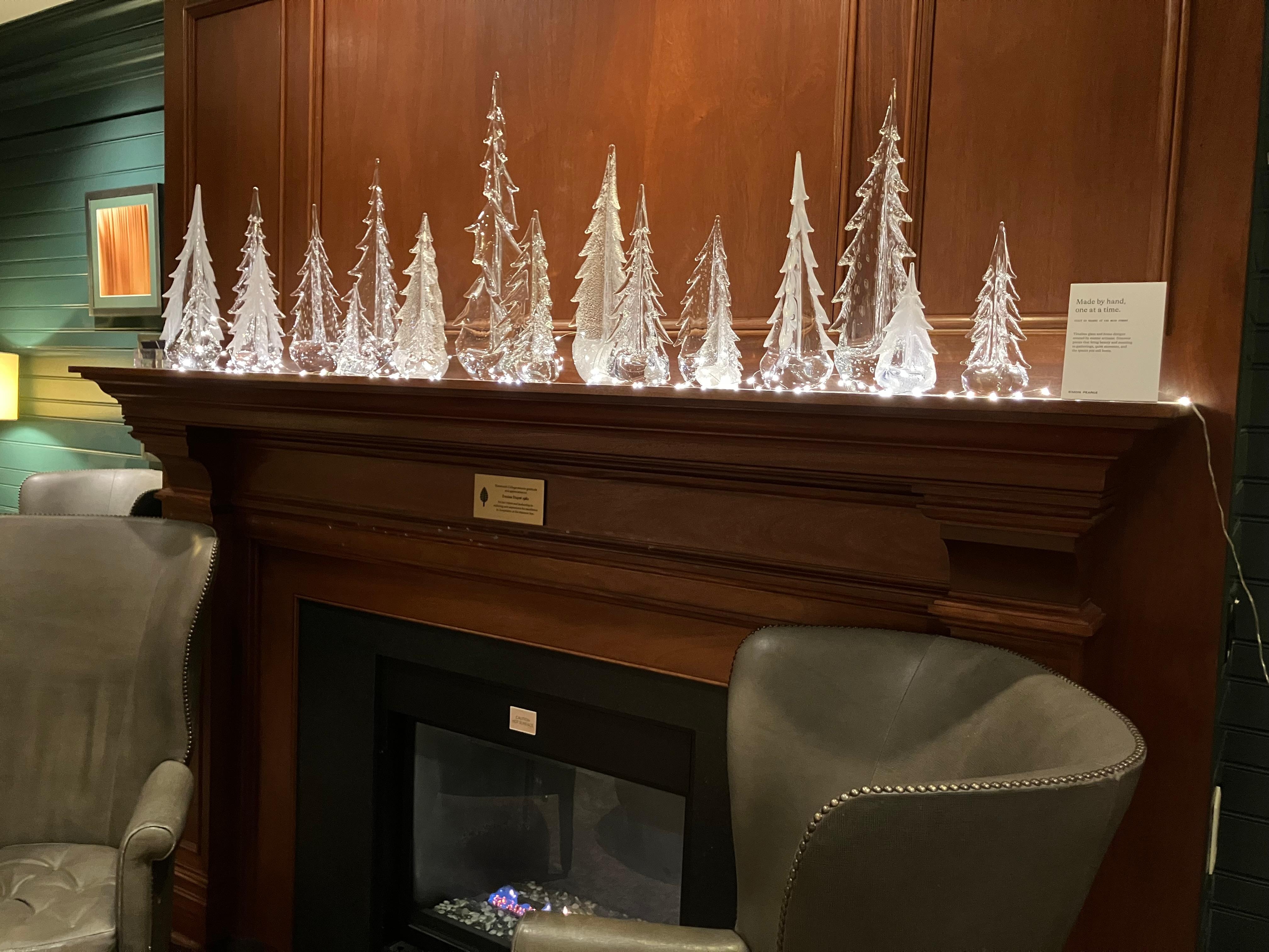 Beautiful holiday decoration in the lobby.  Vermont craft glass fir trees.