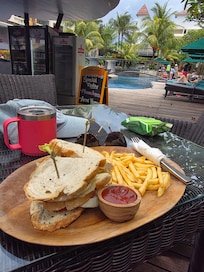 Poolside food, chicken & salad sandwich with fries.