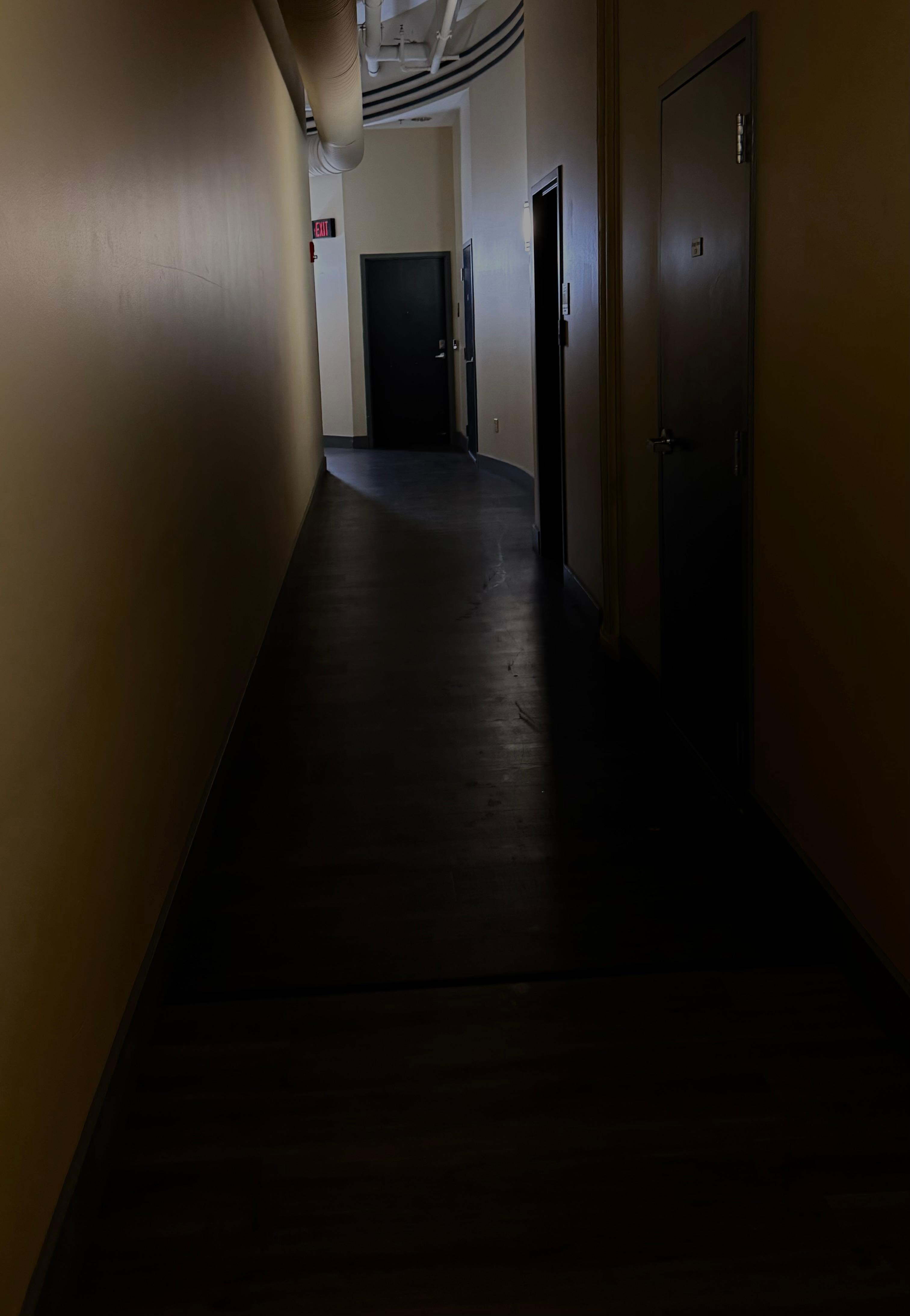 dark, hallway (need a flashlight to enter room code)