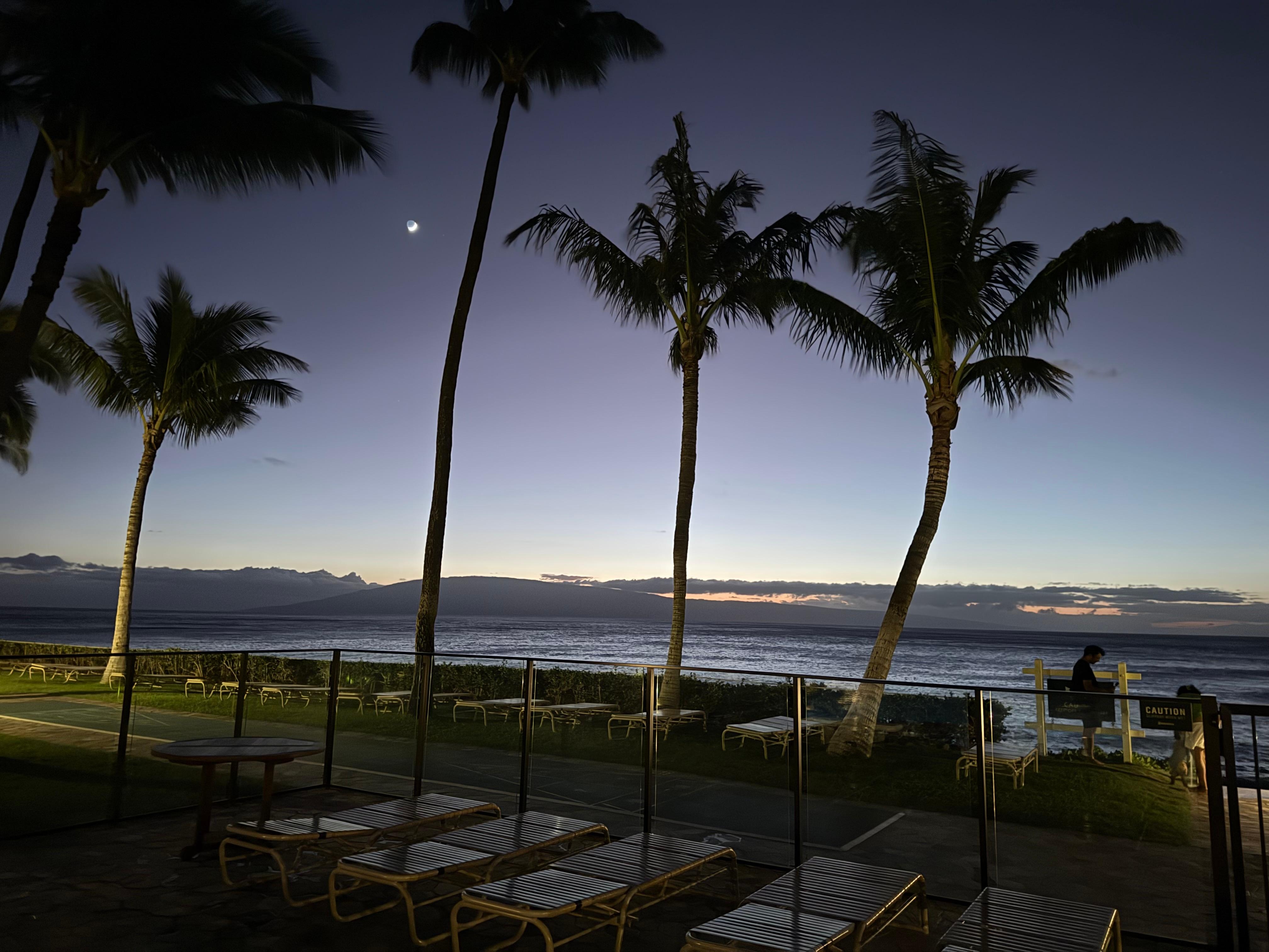 Pool area looking west, after sunset 