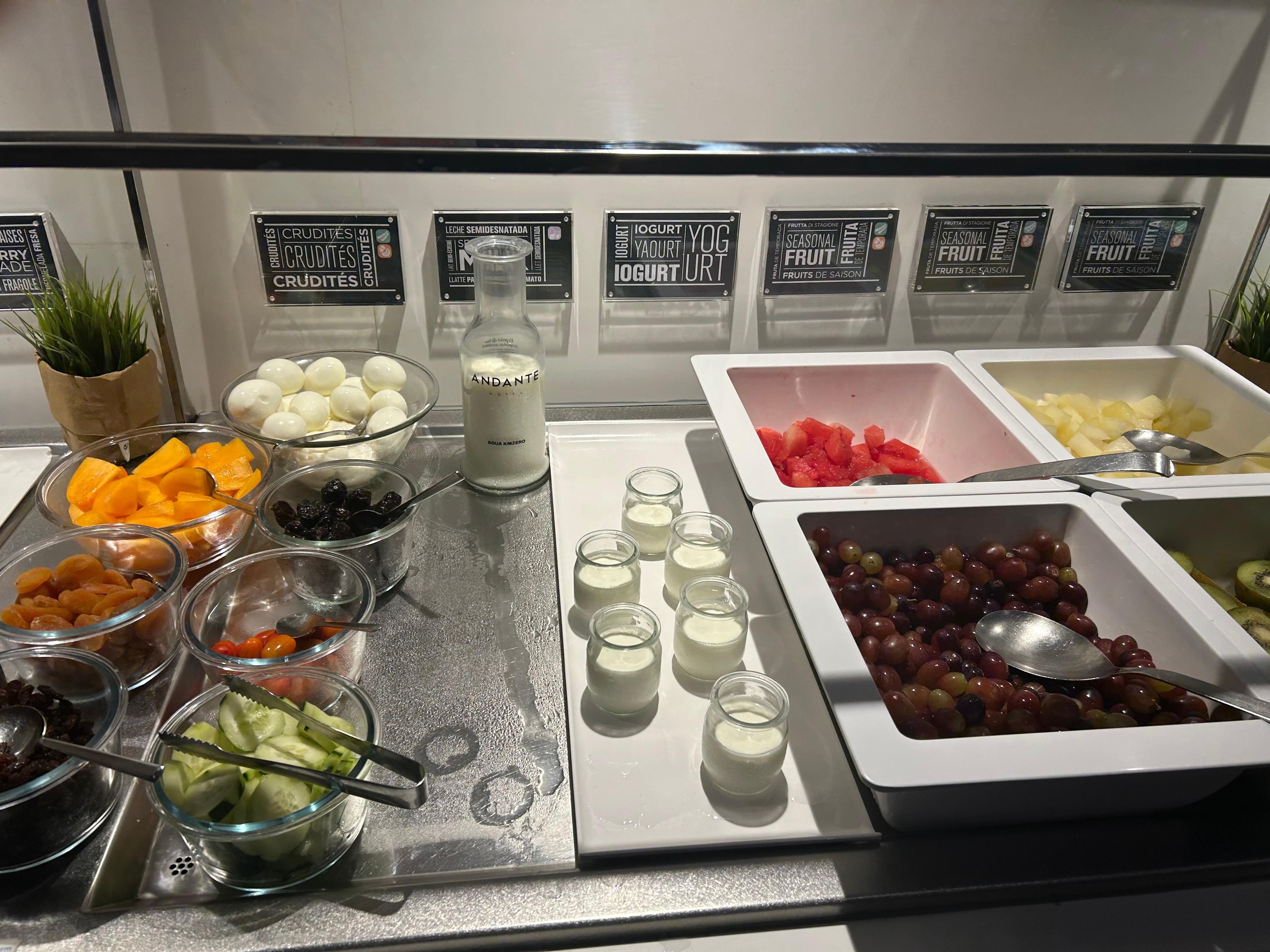 Fruit, eggs, yogurt etc offered at breakfast.