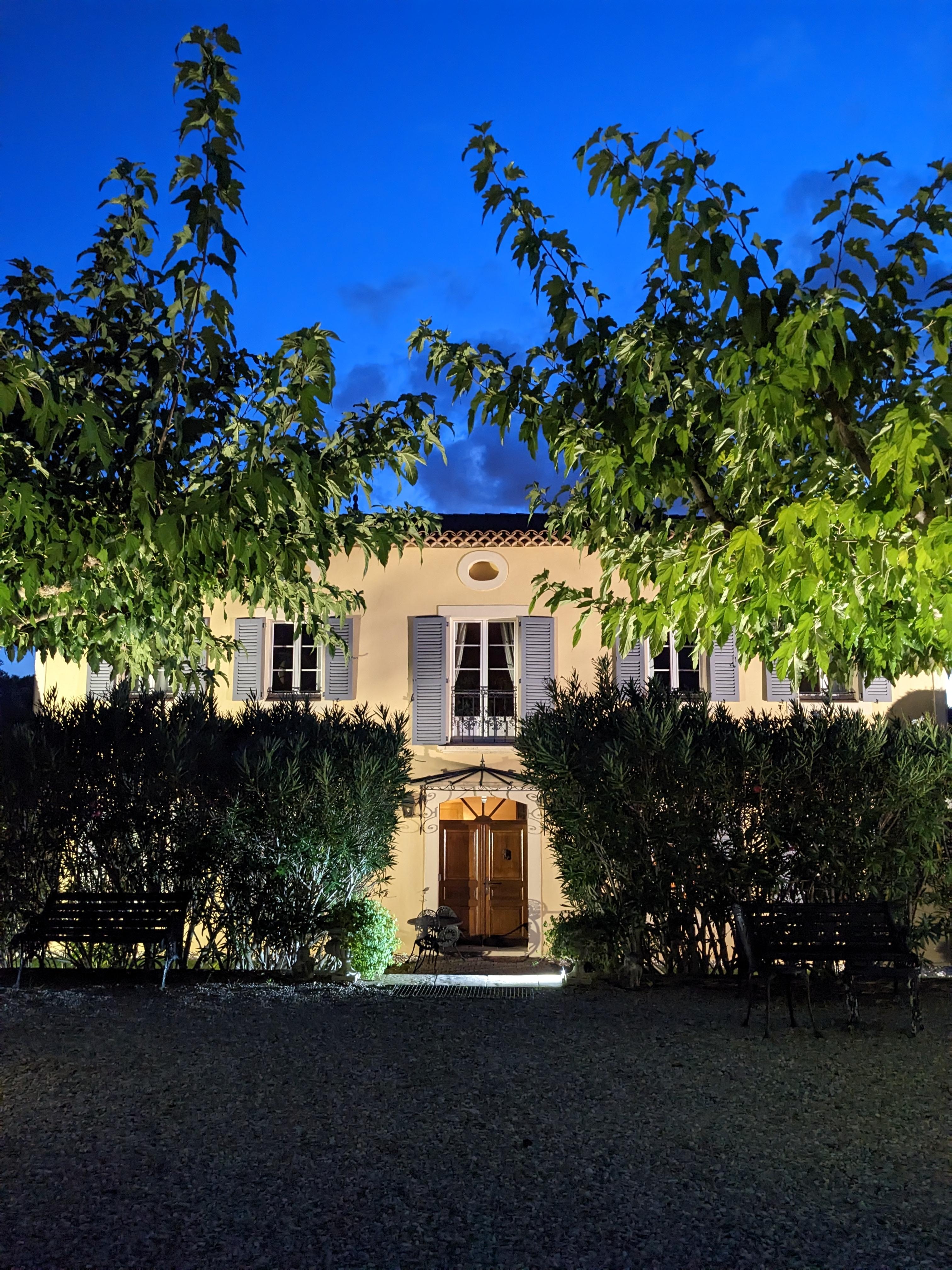 Entrance is well lit at night.