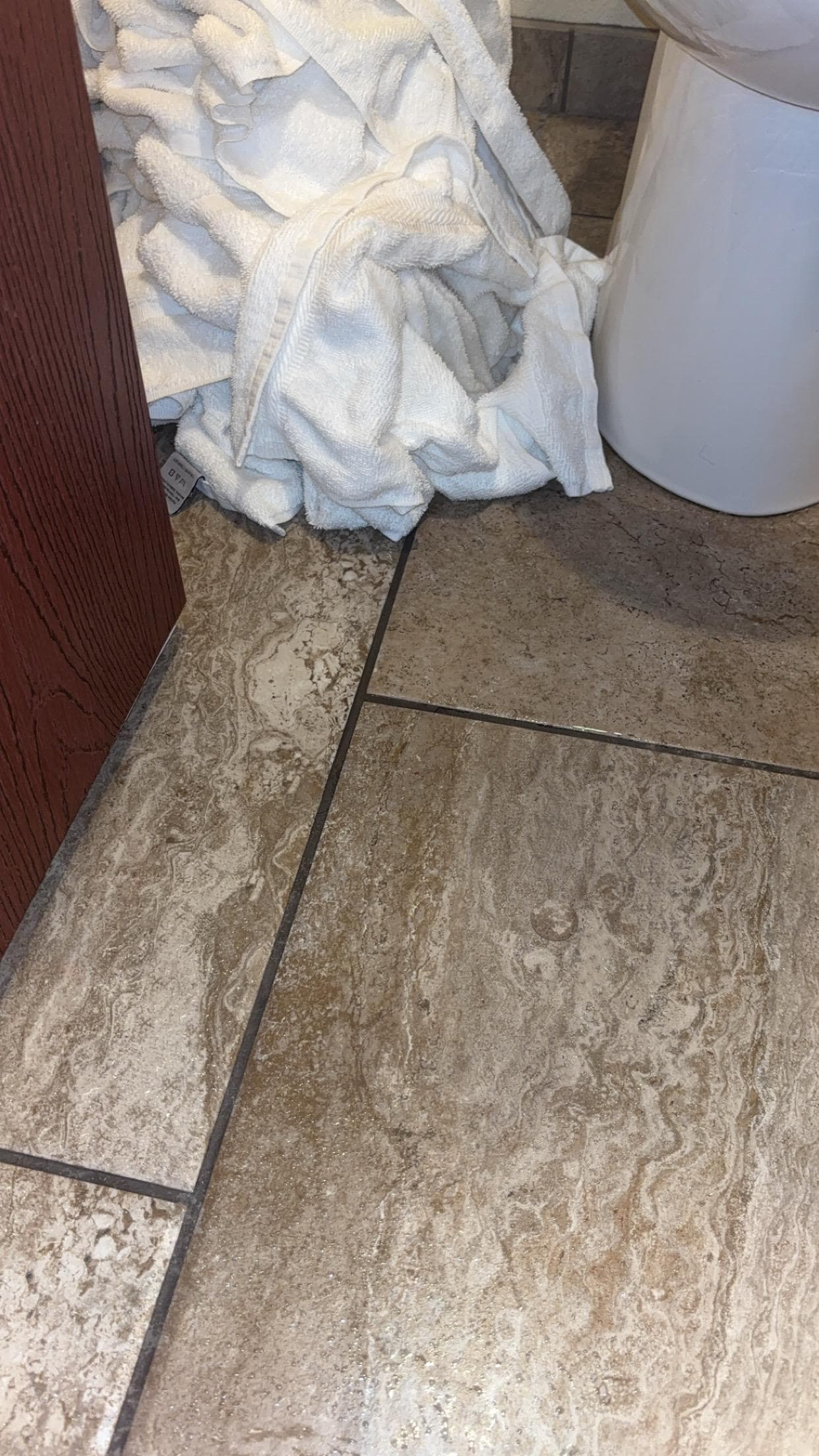 Water on floor after turning the shower on for 1 minute to record a video. Pants and phone were soaked just from doing this.