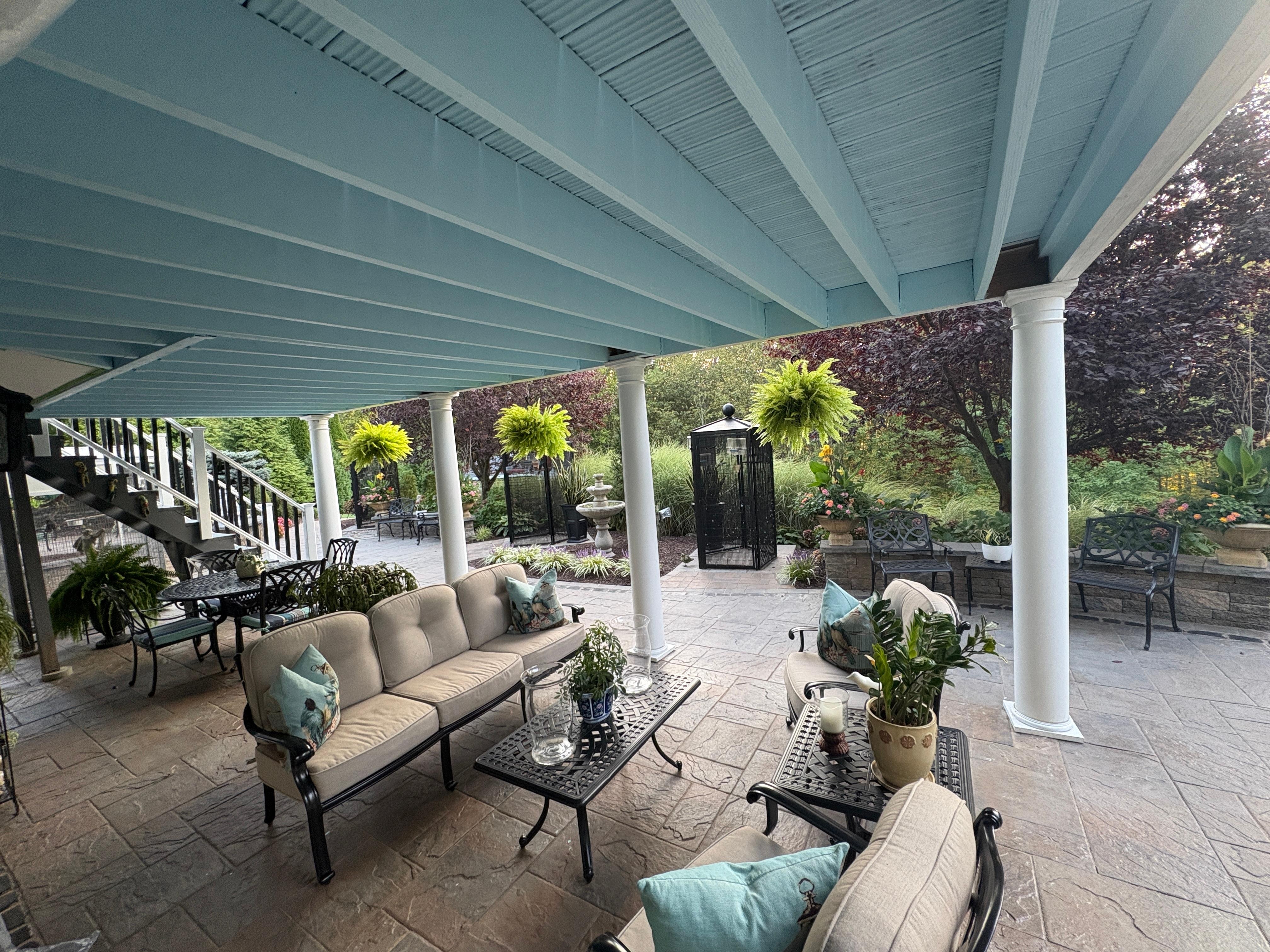 Lush, private yard with exotic birds.