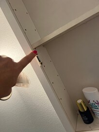 Missing pins in shelf in medicine cabinet. Nowhere to store toiletries except back of toilet. Pedestal sink and claw foot tub are unique but offer no storage in only bathroom.