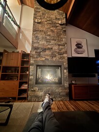 Relaxing by the fire after a day of skiing