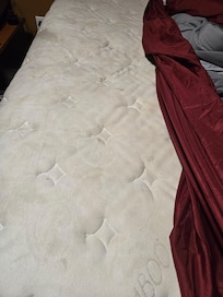 Disgusting bed, no mattress protector, thin sheet.