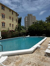 Salt water pool. The grilling area is to the left. Hammocks are at the end covered area of the pool.