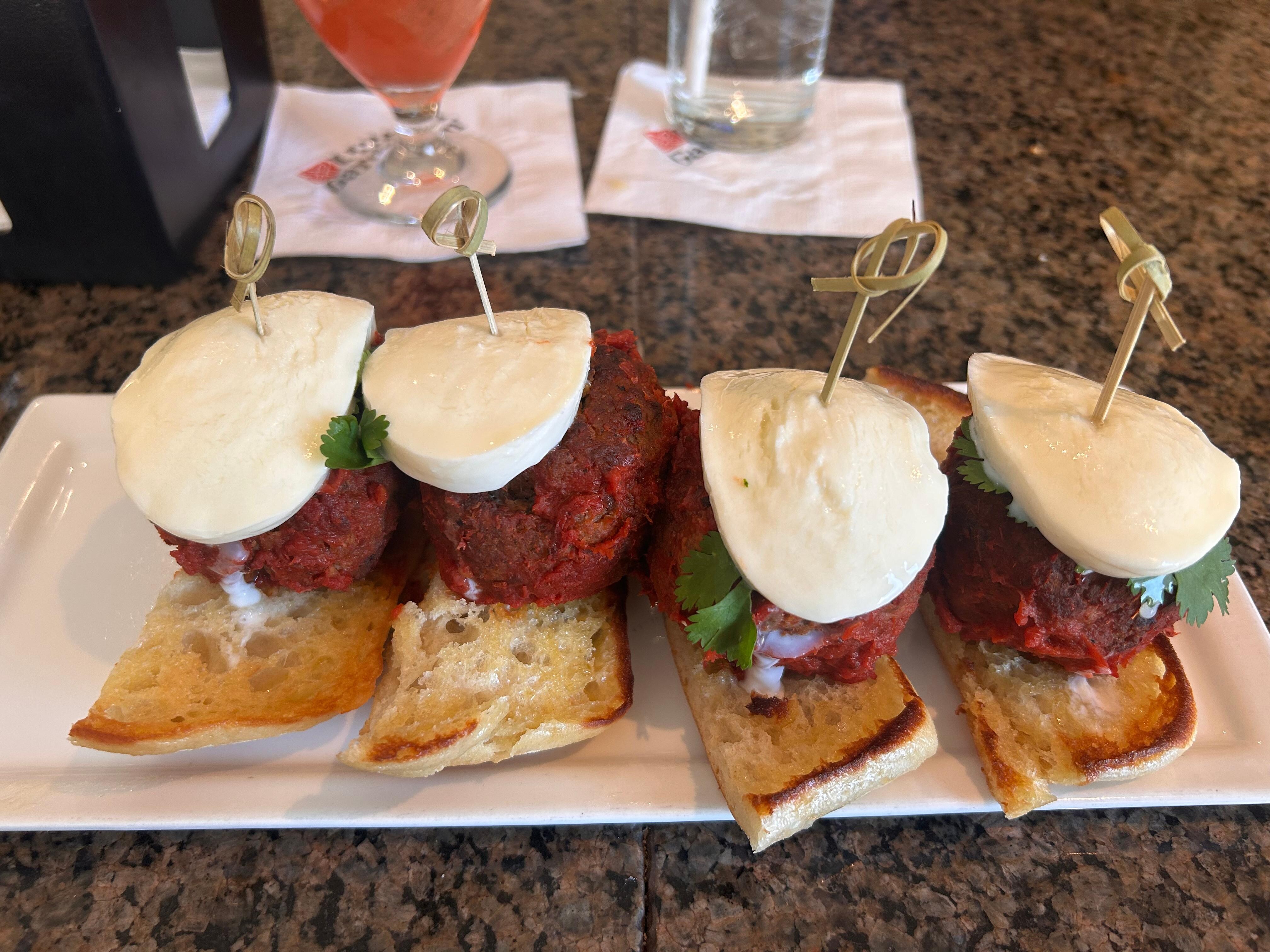 The meatball and mozzarella small plate which was delicious and I made a meal of it at the bar with a spritzer-style cocktail. 