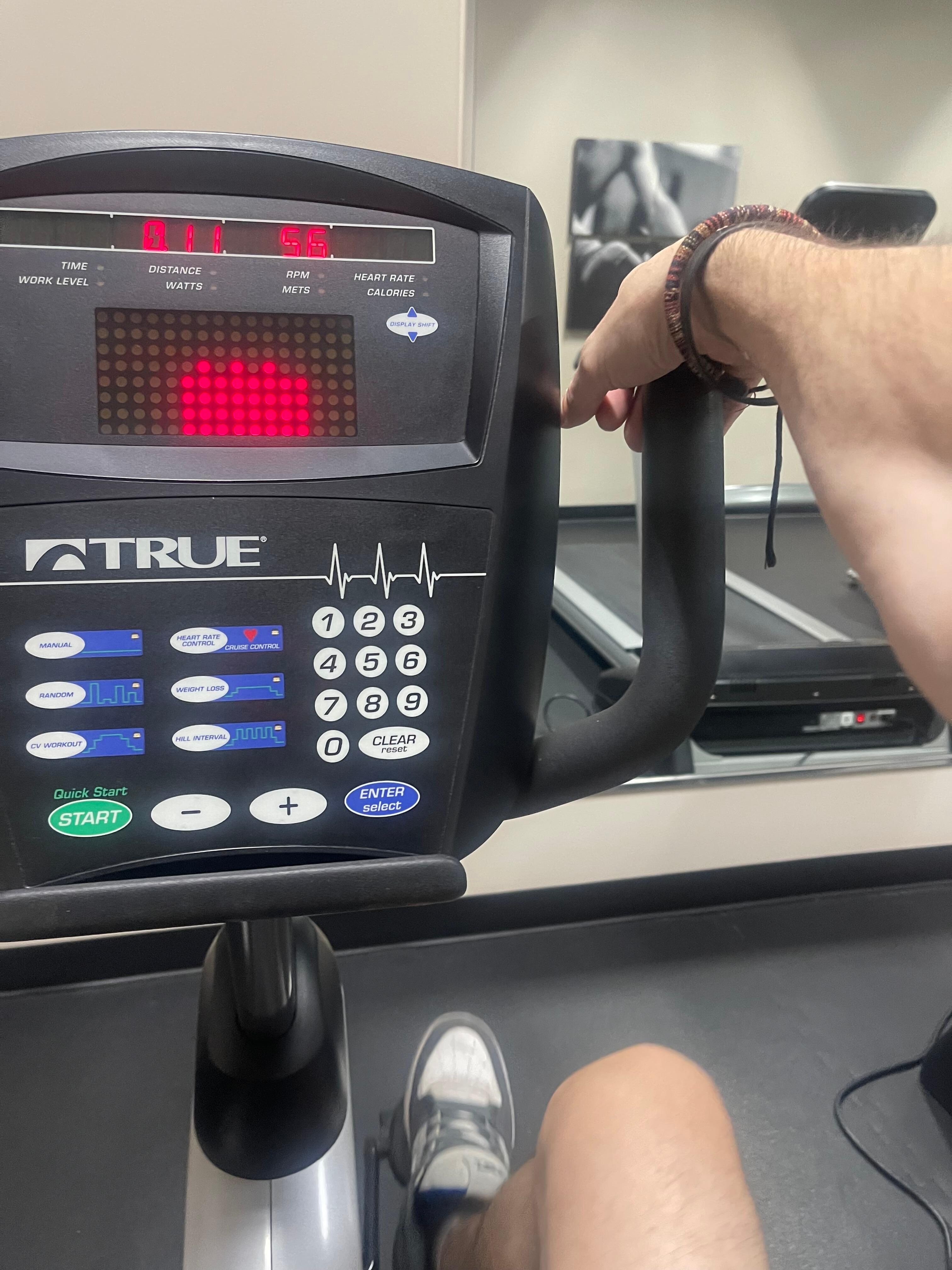 Recumbent bike for a warm up. They also had an elliptical machine and, treadmill. The dumbbells were great. Fully Adjustable bench and all the dumbbells your could ever want all in like new condition. 