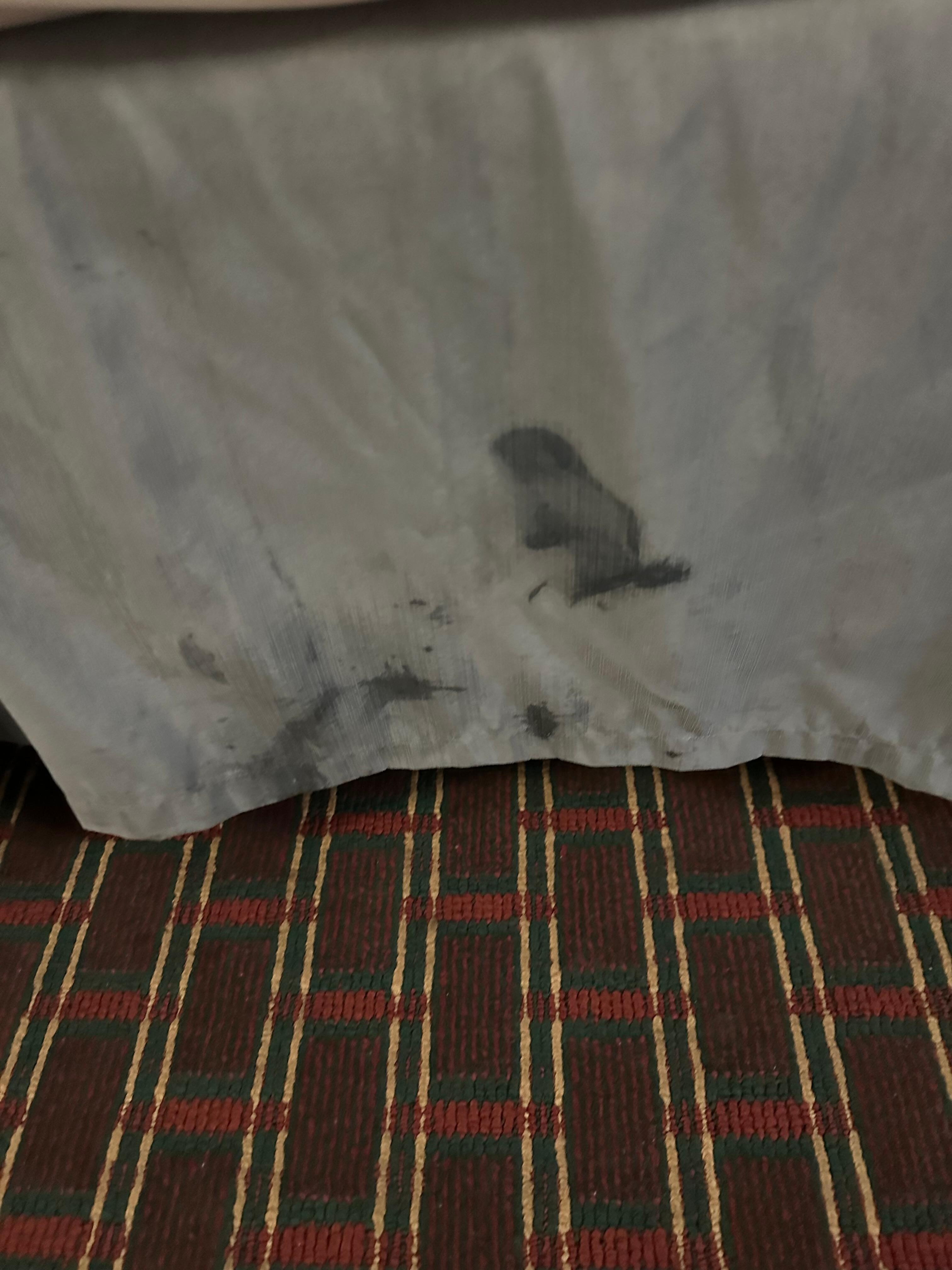 Stain on bed skirt below stain on sheets.