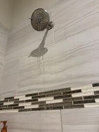 The water coming out of the shower in the good bathroom.