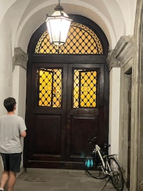 Inside: doors to onsite restaurant