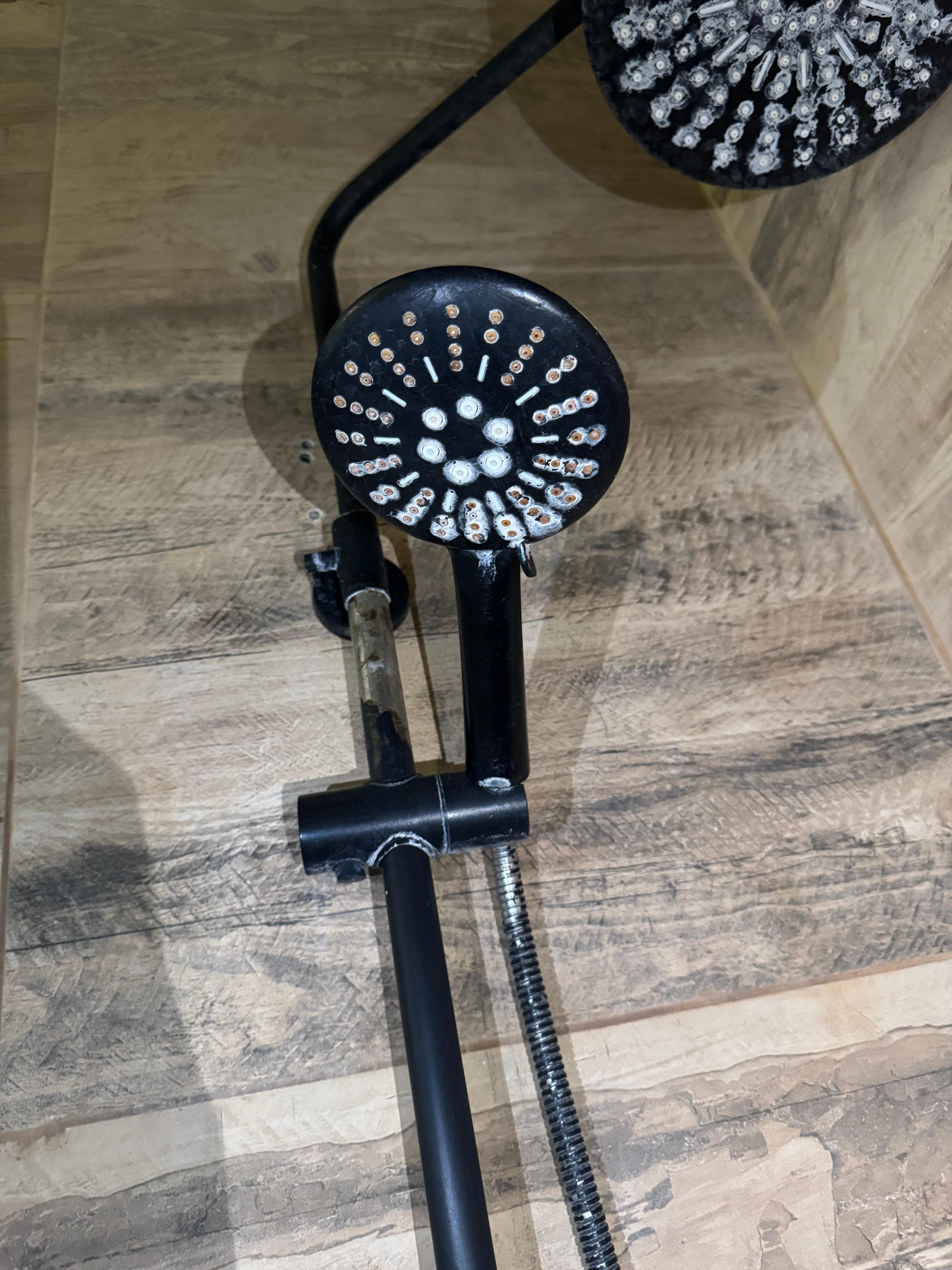 Shower head full of mold. Hot water on and off.