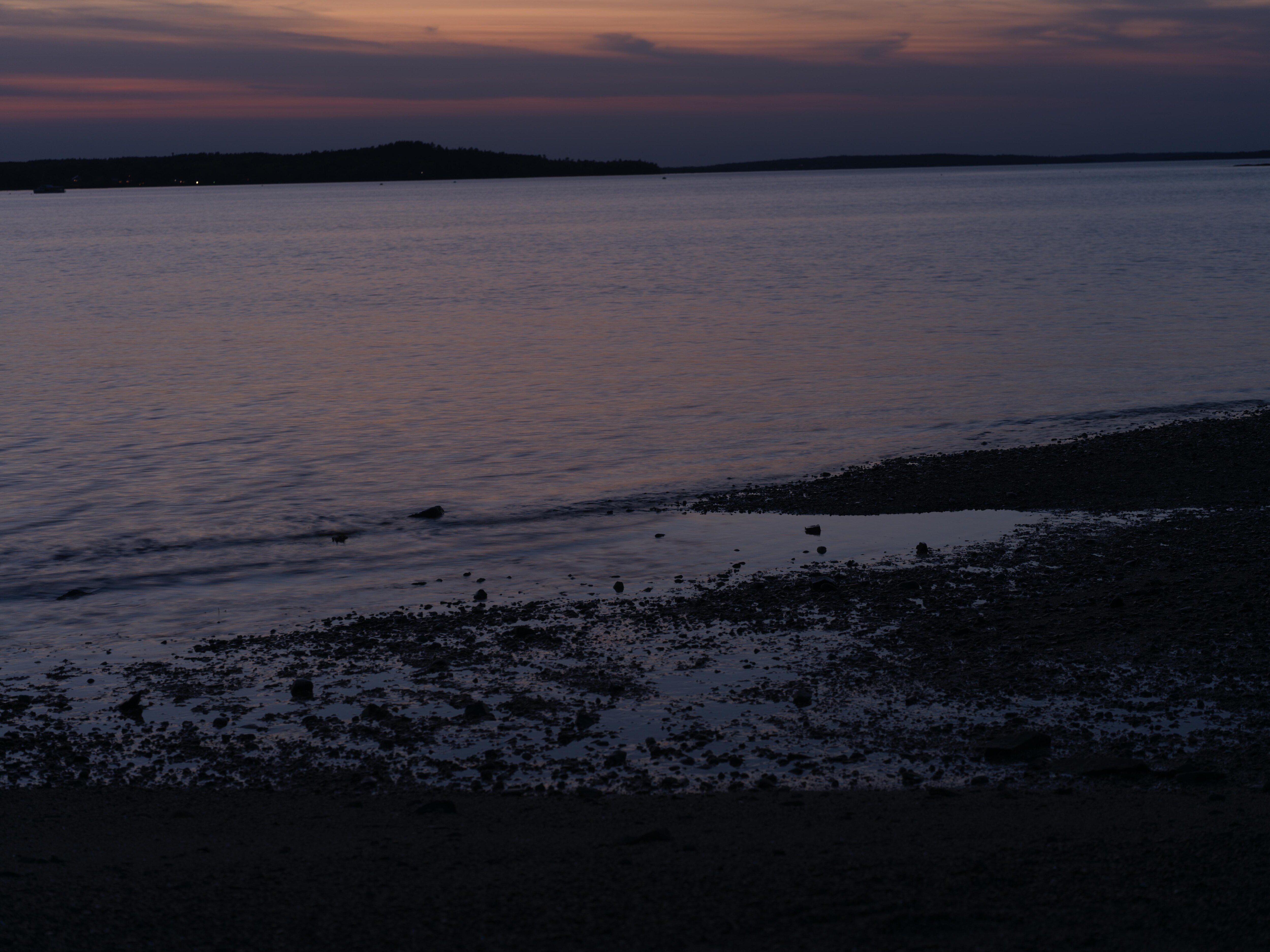 View of sand bar to Bar Island and Frenchman Bay--twilight.  (About 100 feet from house.)