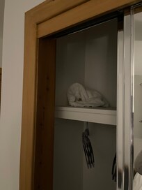 Used towel left in main bedroom wardrobe