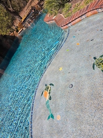 Adorable tile art on the large splash/ sundeck. Lower calf depth.