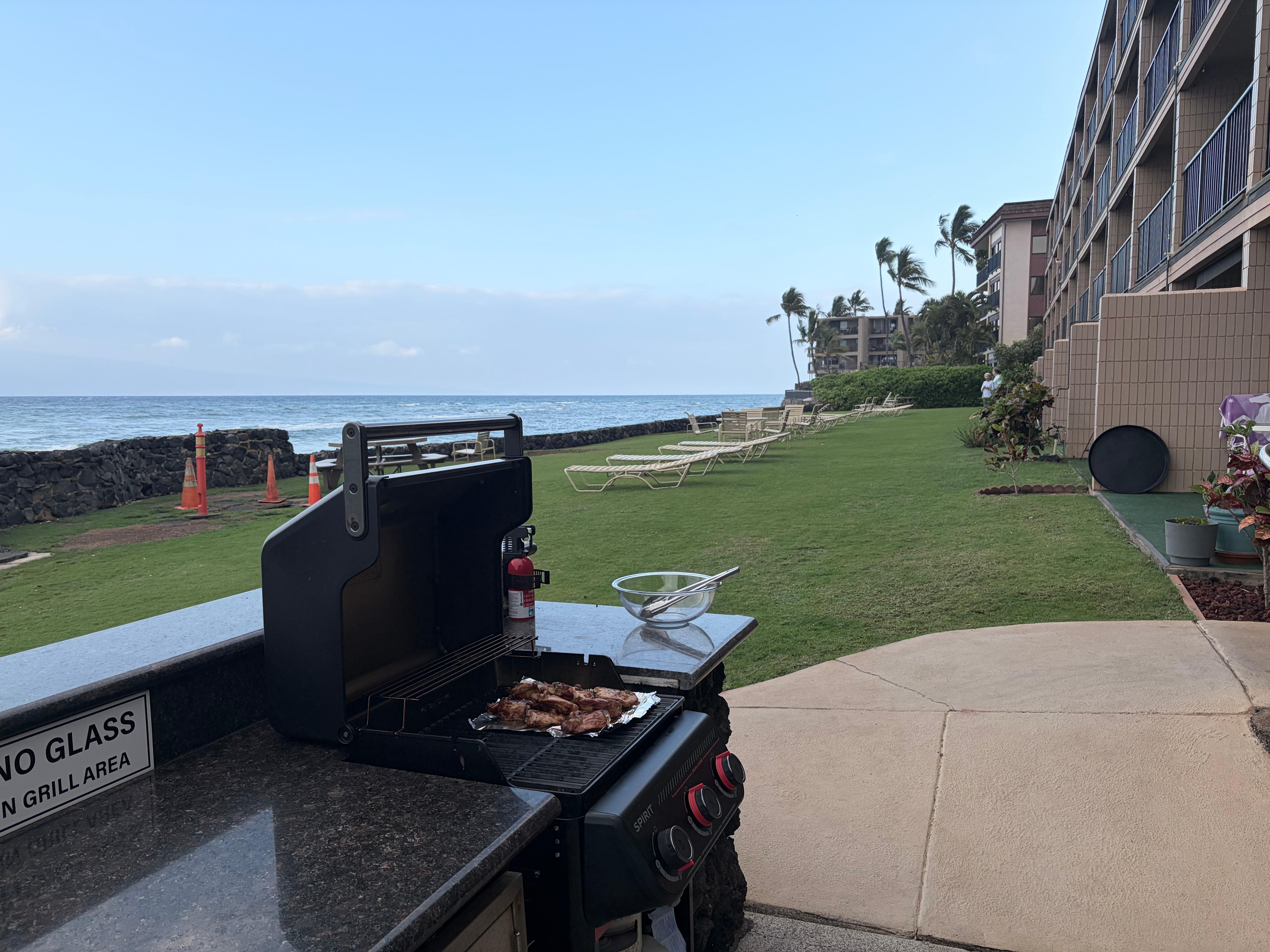 BBQ grills on ocean side. 