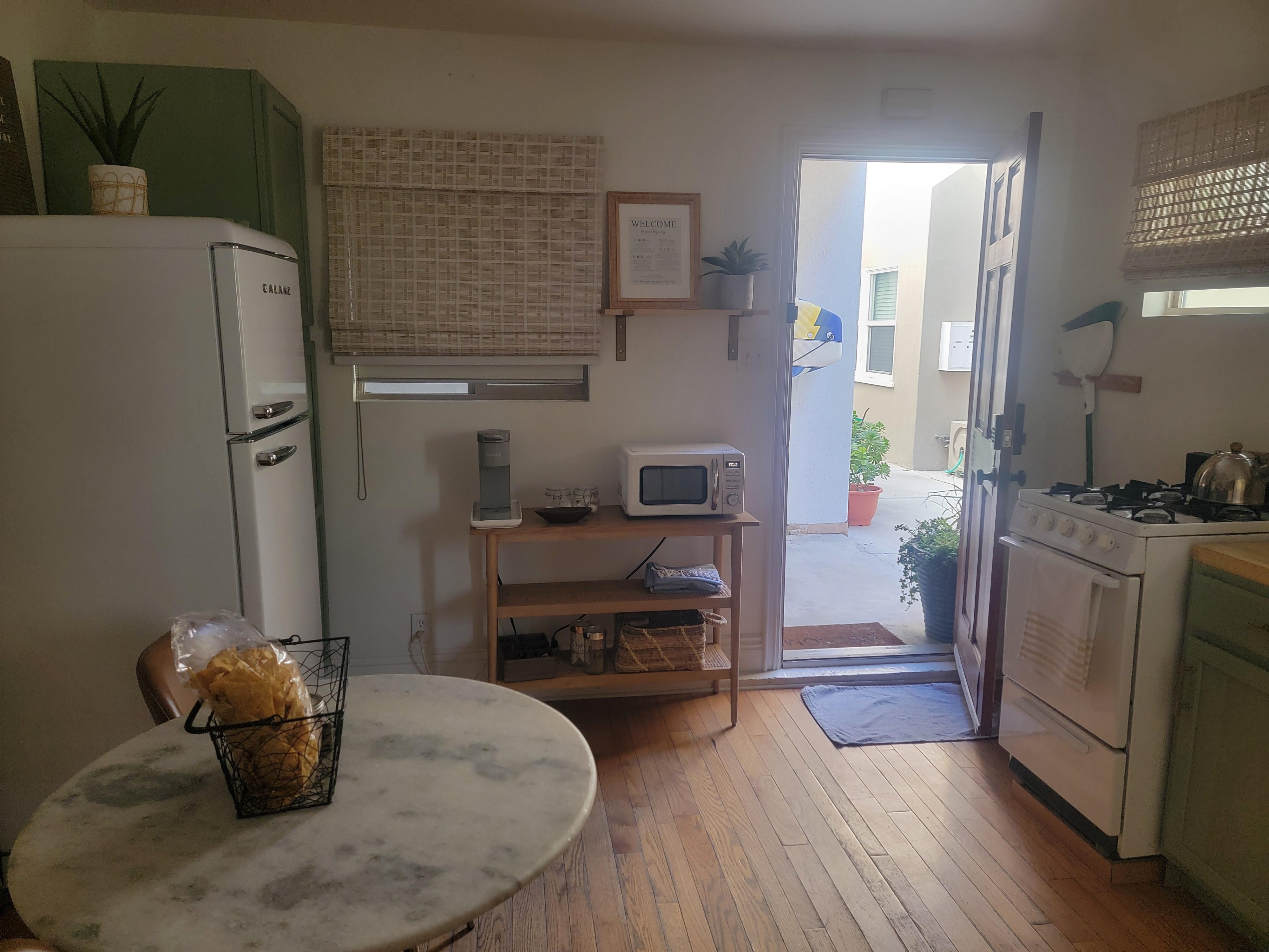 Looking to the door.