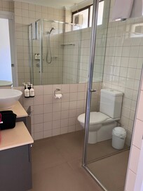 Bathroom had big shower, basin and space for toiletries.