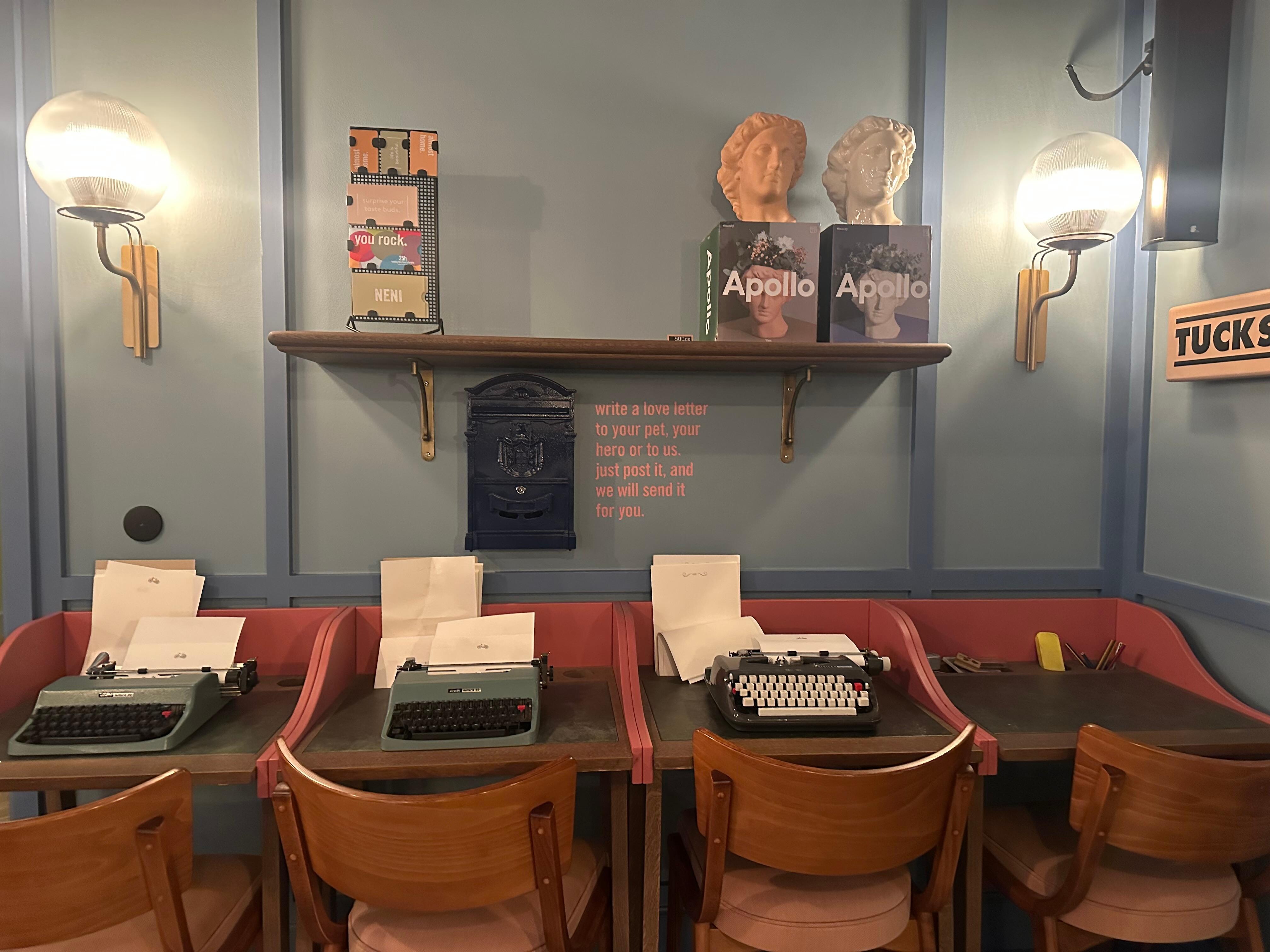 Typewriters in the lobby. 