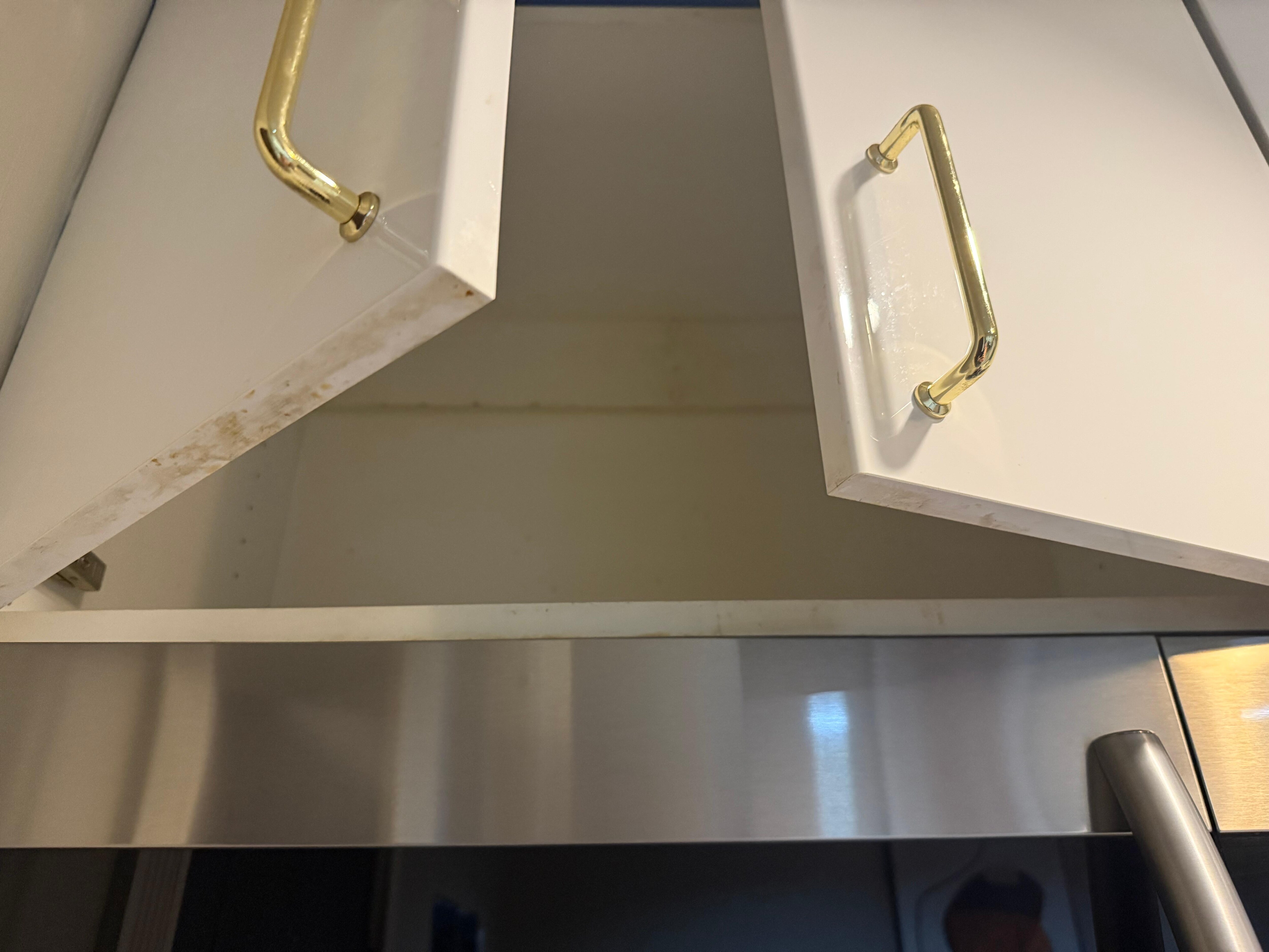 Above cabinet that looks like it has been overlooked for cleaning, that was right above stove.
